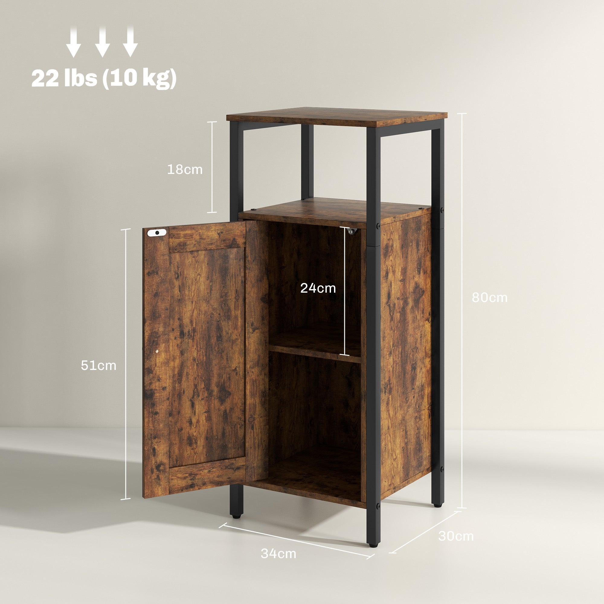 Industrial Bedside Table with 2 Shelves and Adjustable Internal Shelf, in Wood and Steel, 34x30x80 cm, Brown