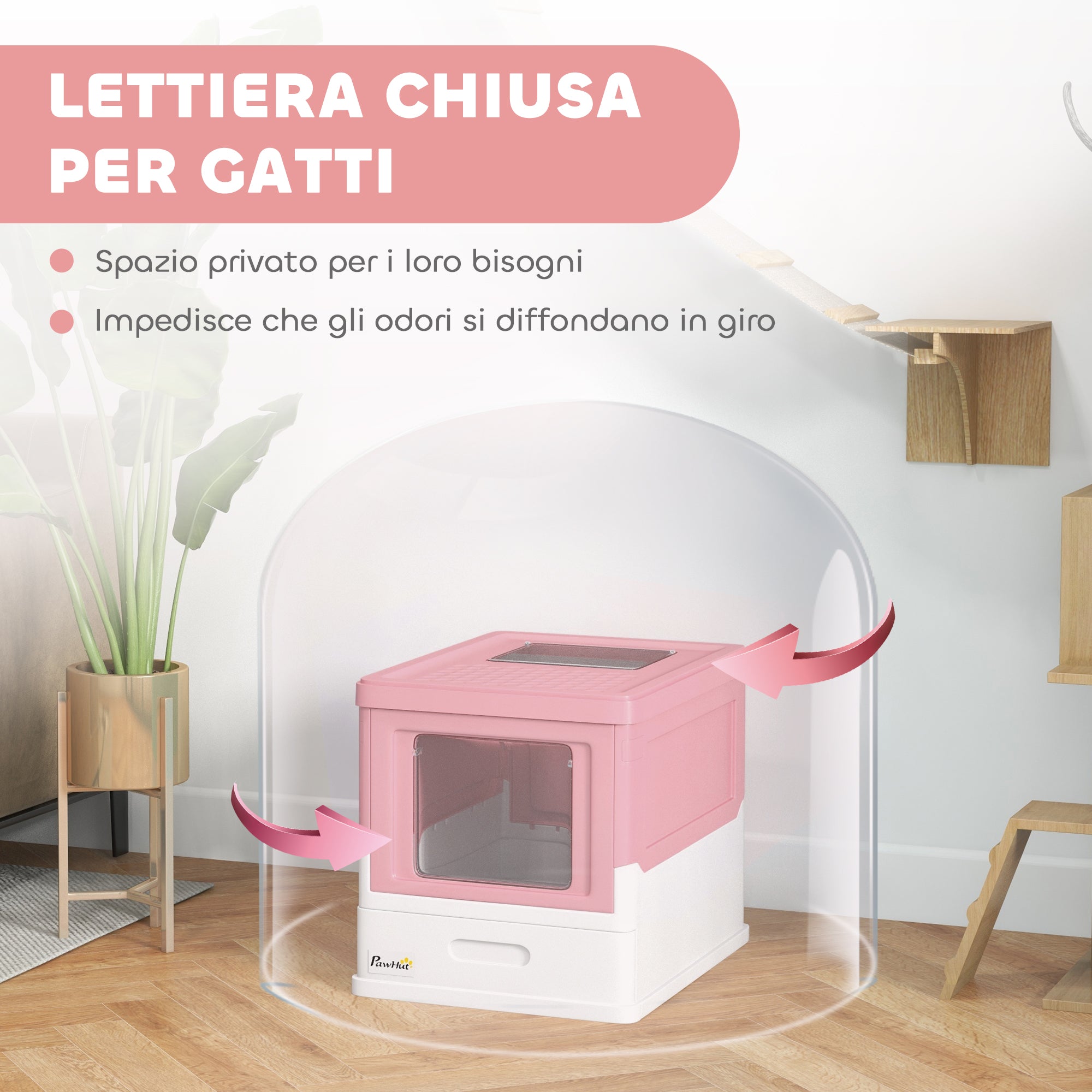 Closed PP Cat Litter Box with 2 Doors with Scoop and Removable Tray, 47.5x35.5x36.7 cm, Pink and White