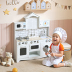 Wooden Toy Kitchen for Children Ages 3-6 with Accessory Set, Sink and Knobs with Sounds, White