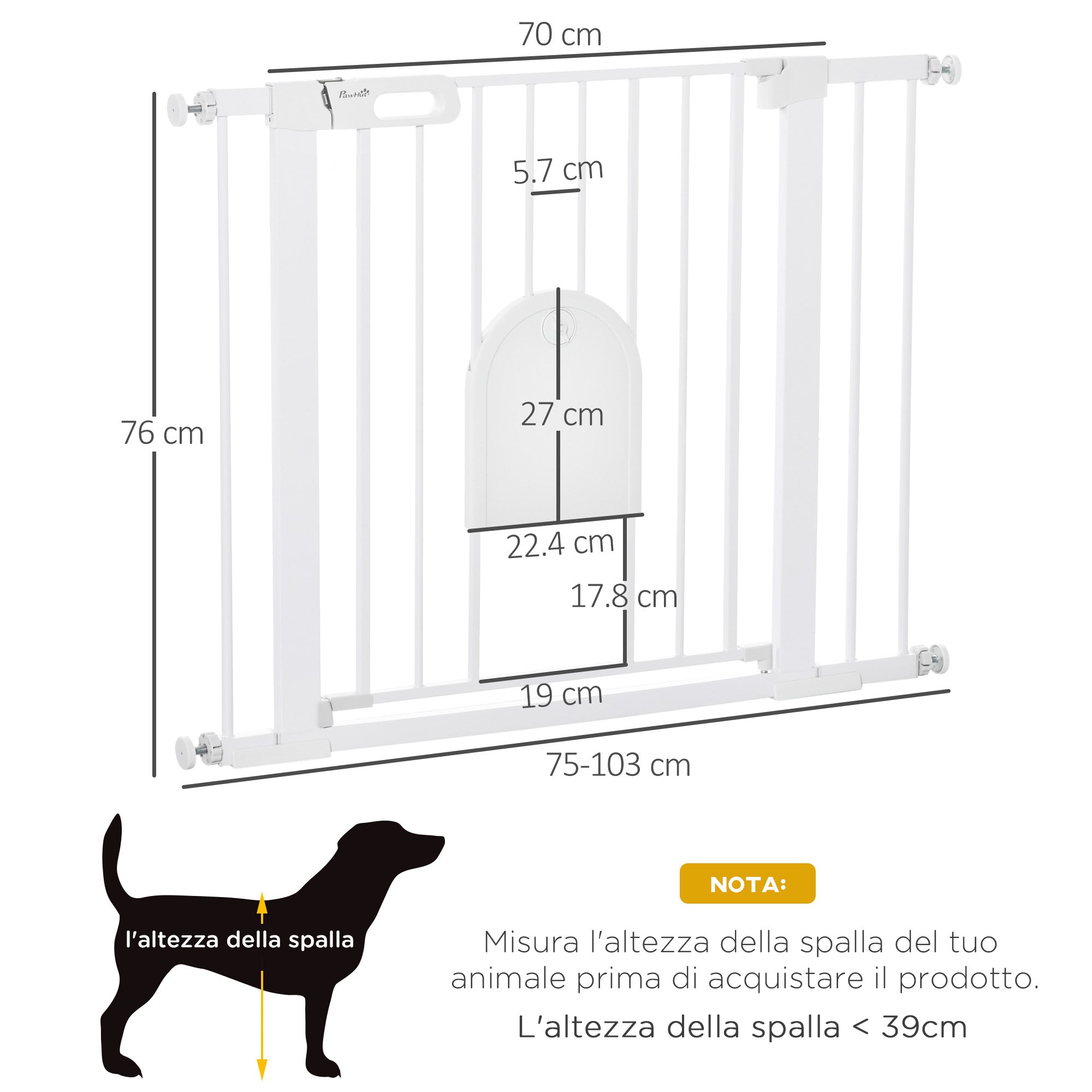 Adjustable Dog Gate with Small Door and Automatic Closure, 75-103x76cm, White