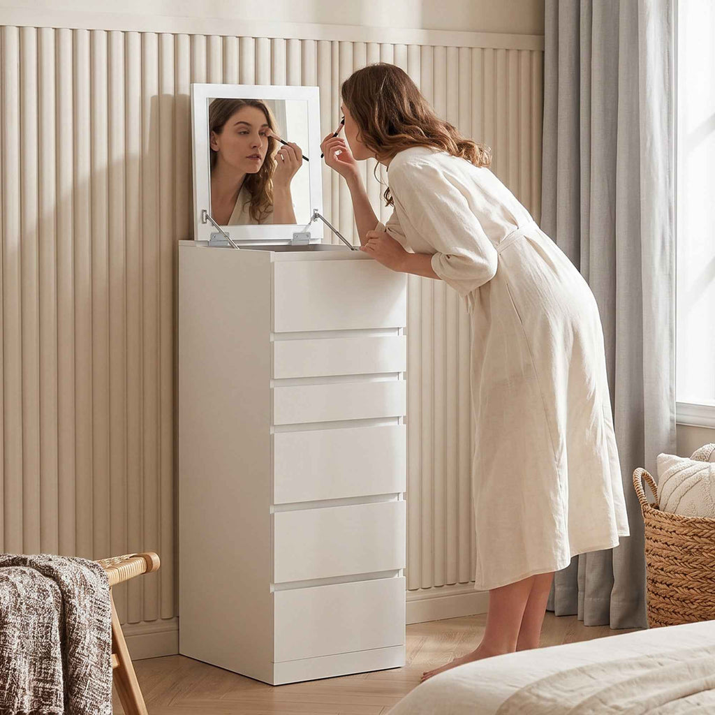 HOMCOM 6-Drawer Bedroom Chest with Hinged Mirror, 40x48x110 cm, White