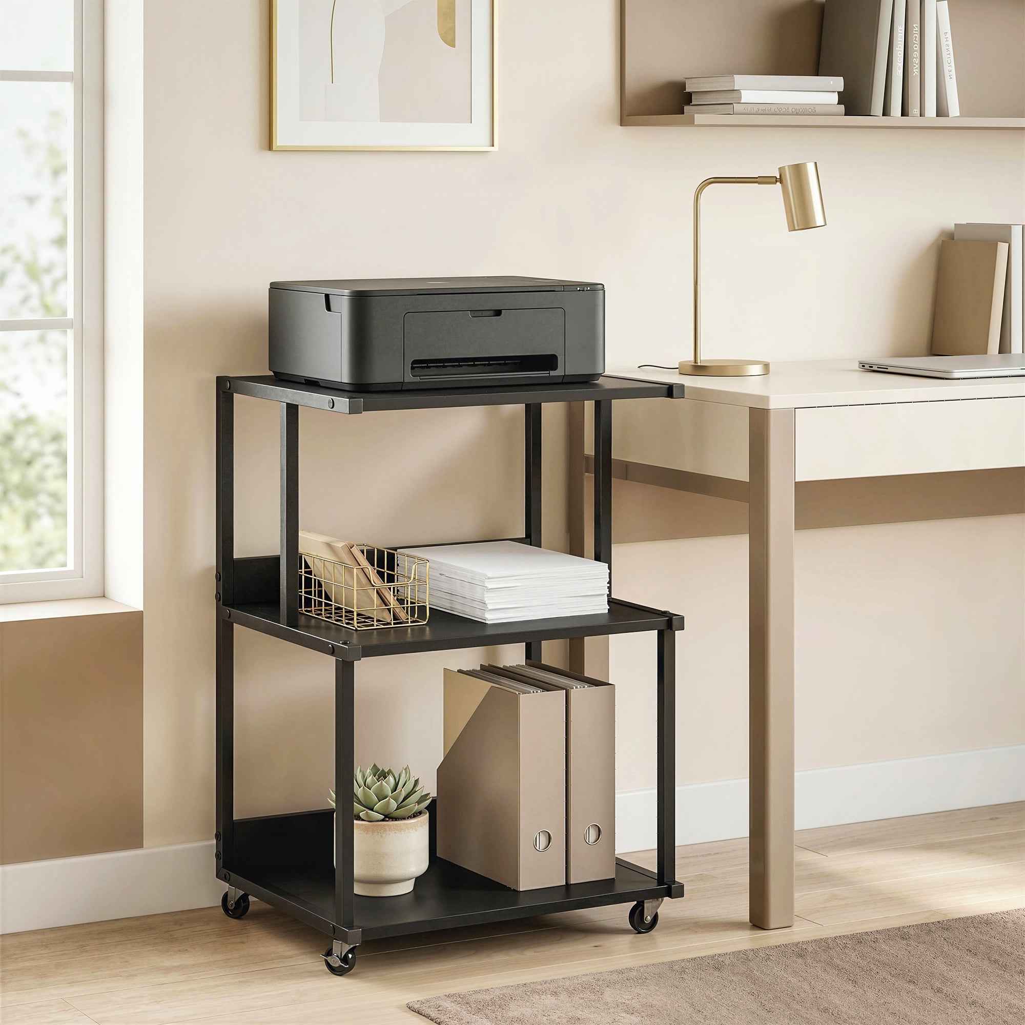 HOMCOM 3-Tier Printer Stand with Wheels, Industrial Metal Office Table, Black.