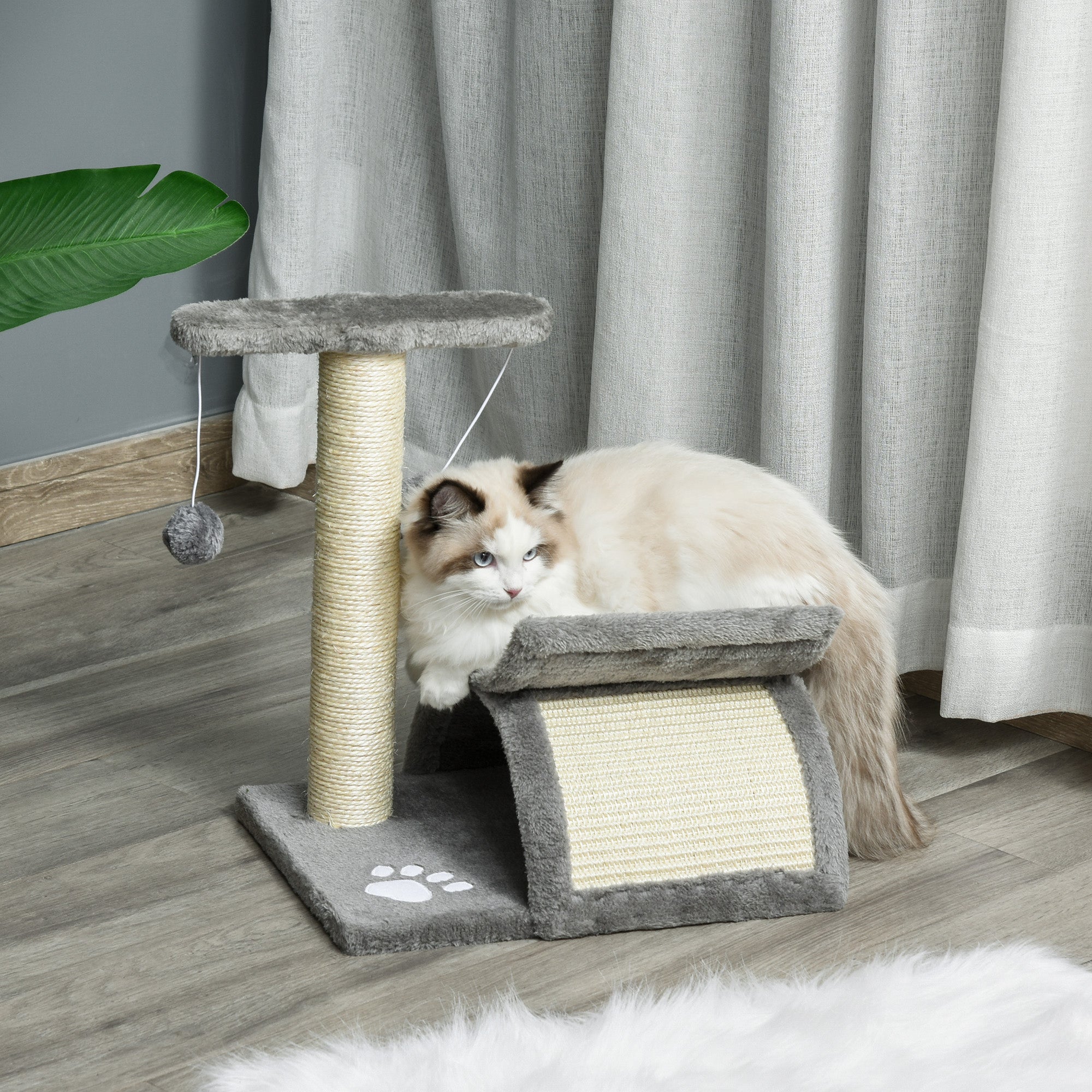 Plush Cat Scratching Tree with Sisal Pole, Kennel and 2 Balls, 40x30x43cm, Gray - Borgè