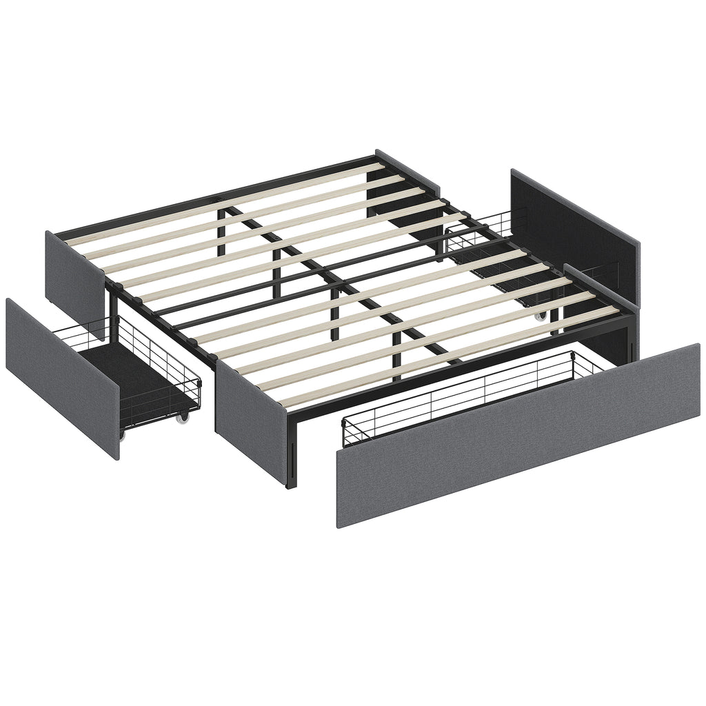 Double Bed Frame with Slats and 3 Drawers, in Wood, Polyester and Metal, 165x193x30 cm, Grey
