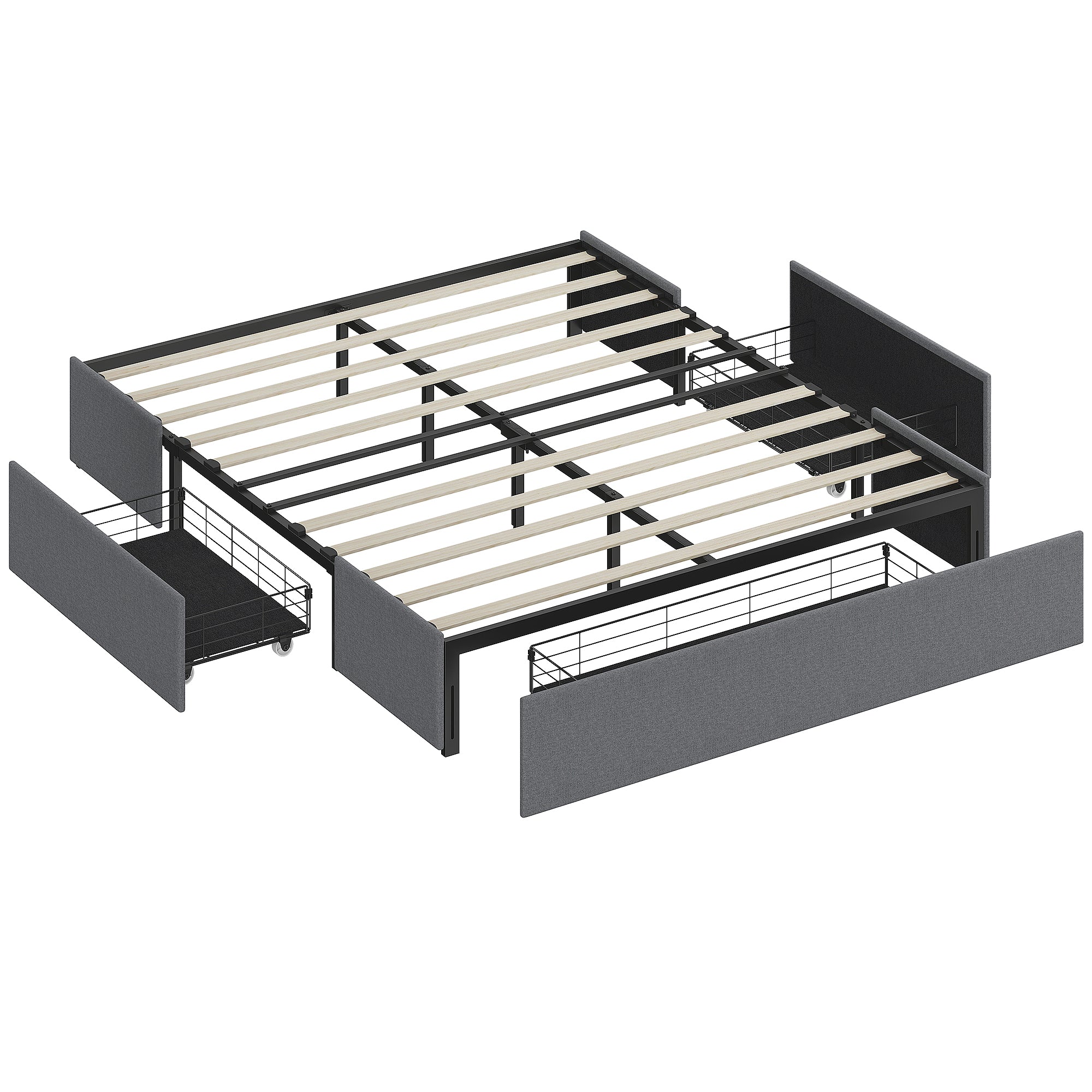 Double Bed Frame with Slats and 3 Drawers, in Wood, Polyester and Metal, 165x193x30 cm, Grey