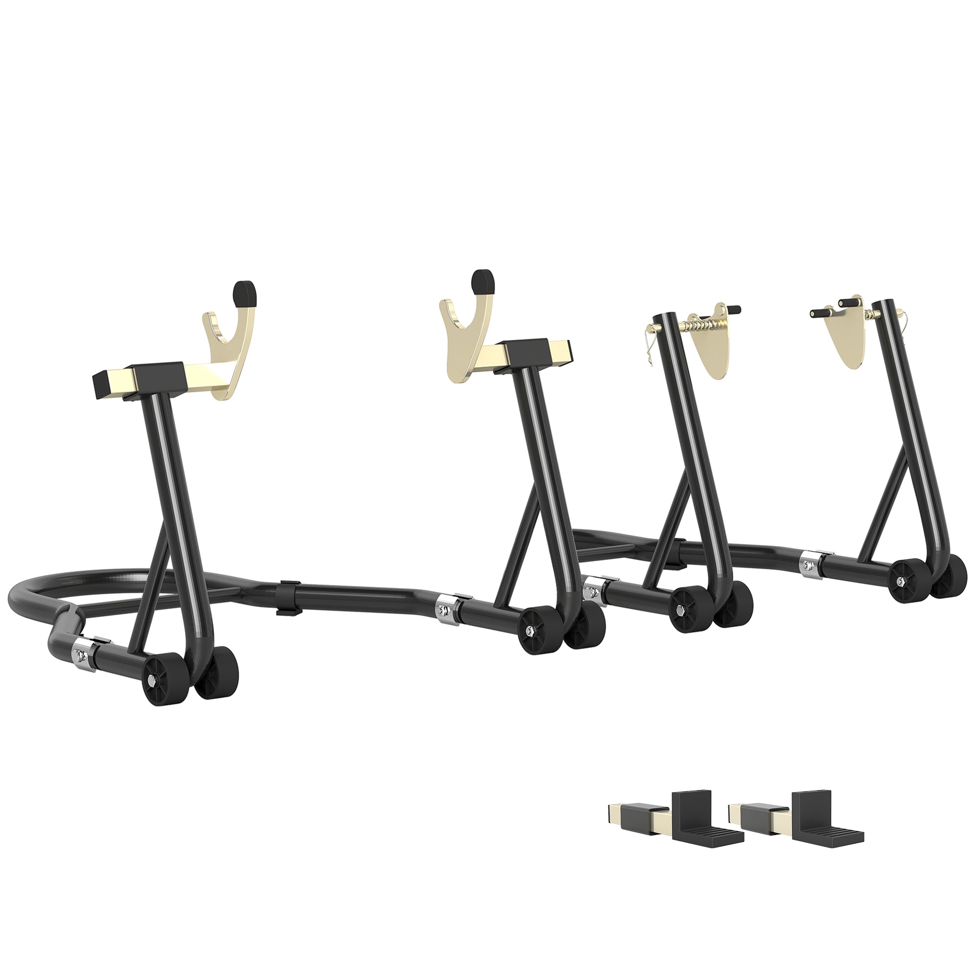 Set of 2 Adjustable Steel Triangle Motorcycle Stands with Wheels and U and L Forks, Black