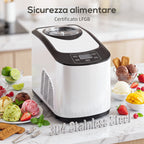 Ice Cream Maker with Built-in Compressor 1.5L, Soft and Hard Modes, Auto-Keep Cold Function, White