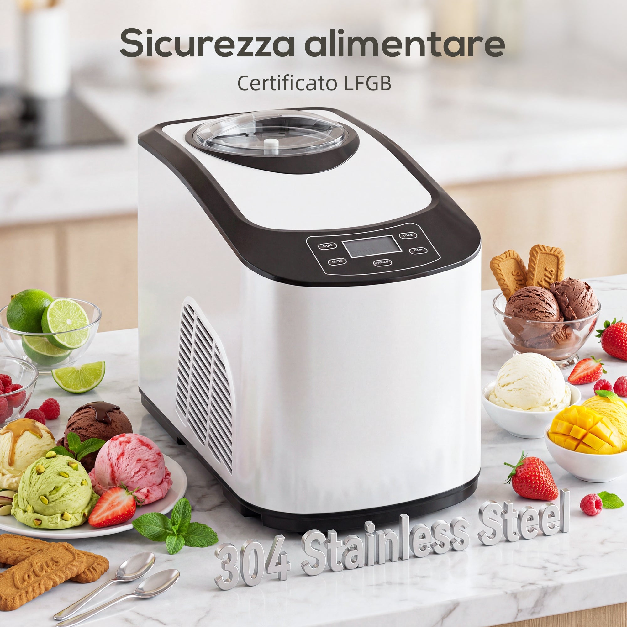 Ice Cream Maker with Built-in Compressor 1.5L, Soft and Hard Modes, Auto-Keep Cold Function, White