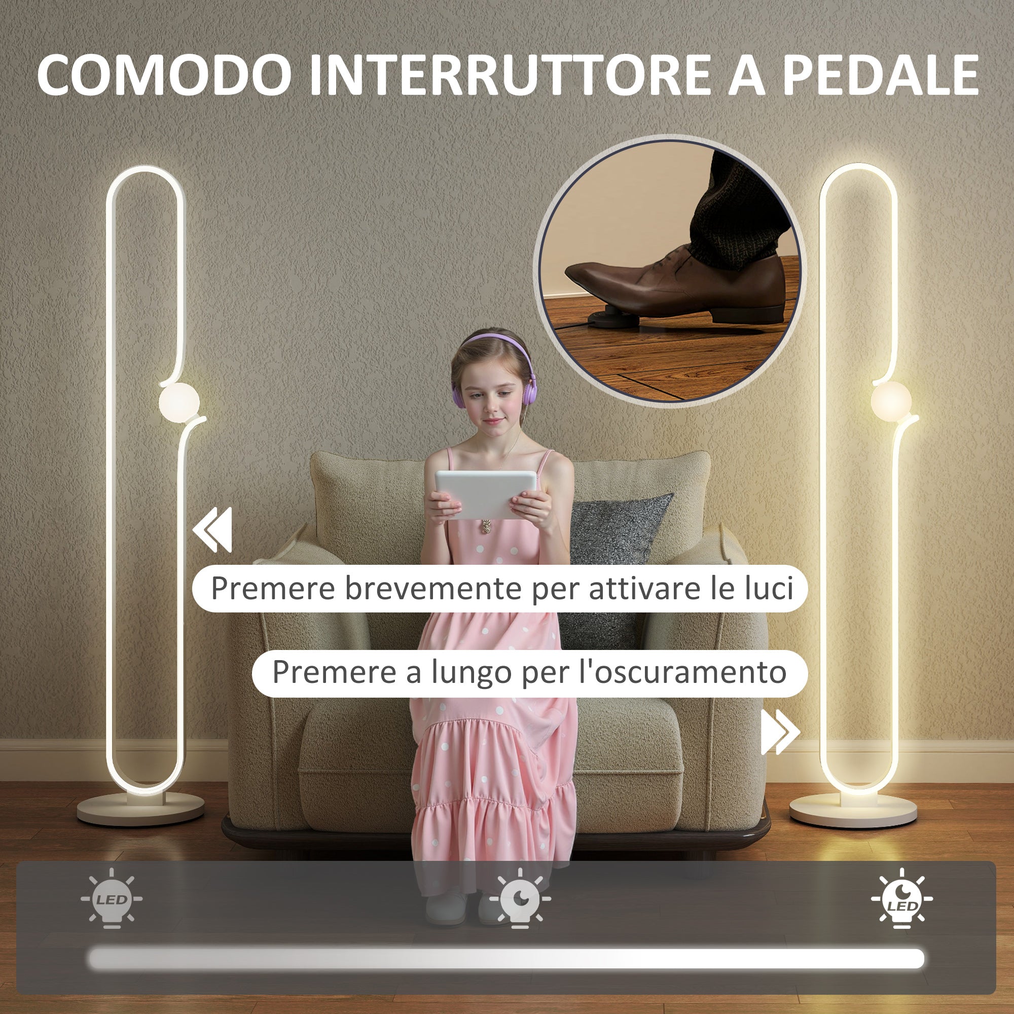 LED Floor Lamp in the Shape of a Musical Note with Adjustable Brightness and Pedal, 28x28x145 cm, White