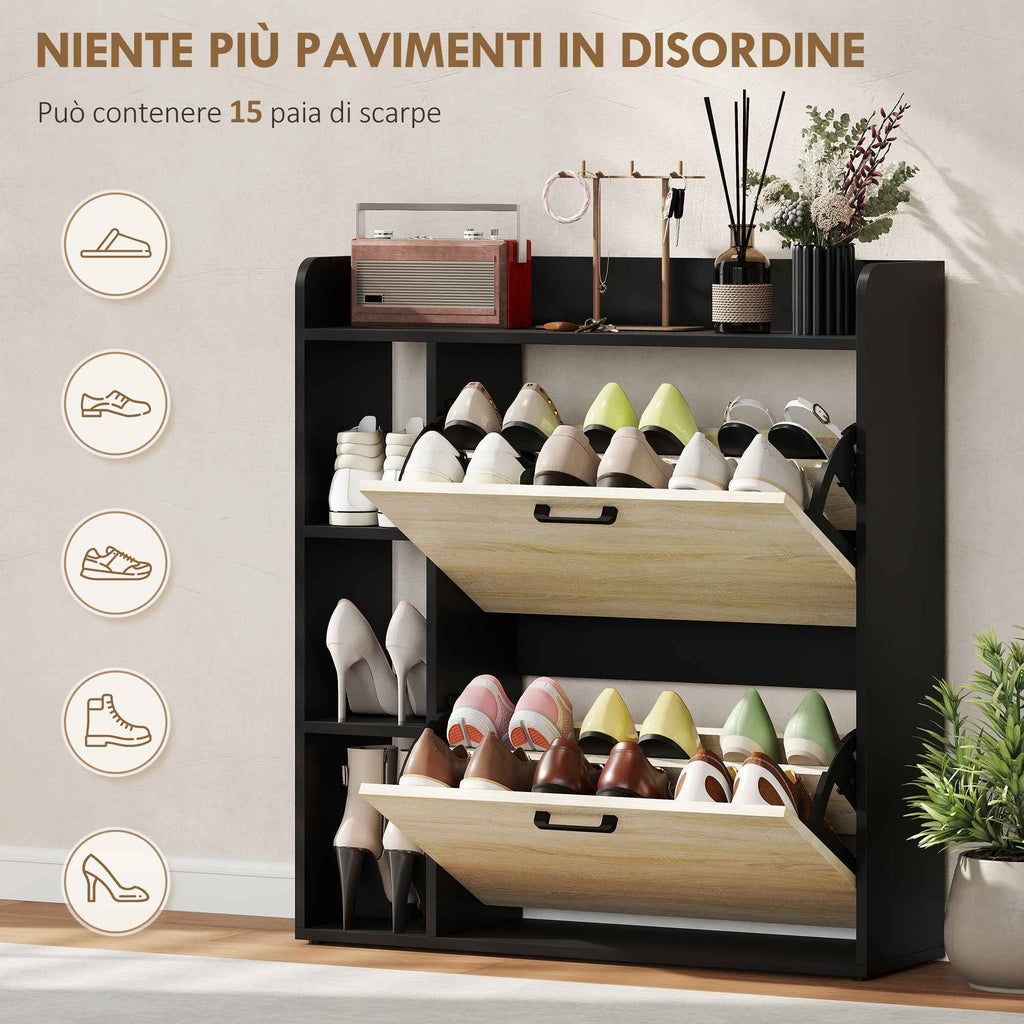 HOMCOM Slim Shoe Rack with 2 Tilting Drawers and 3 Open Compartments, Capacity 15 Shoes, 83x24x90.5 cm, Black