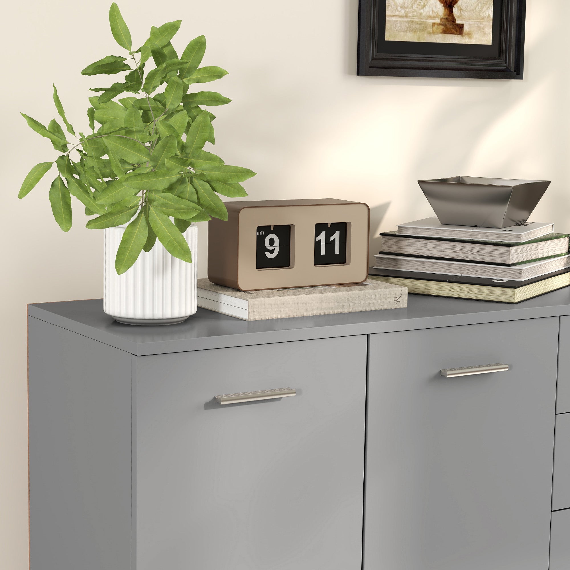 Modern Sideboard with 3 Cabinets and 2 Drawers, Wooden, 106x35x76 cm, Light Grey