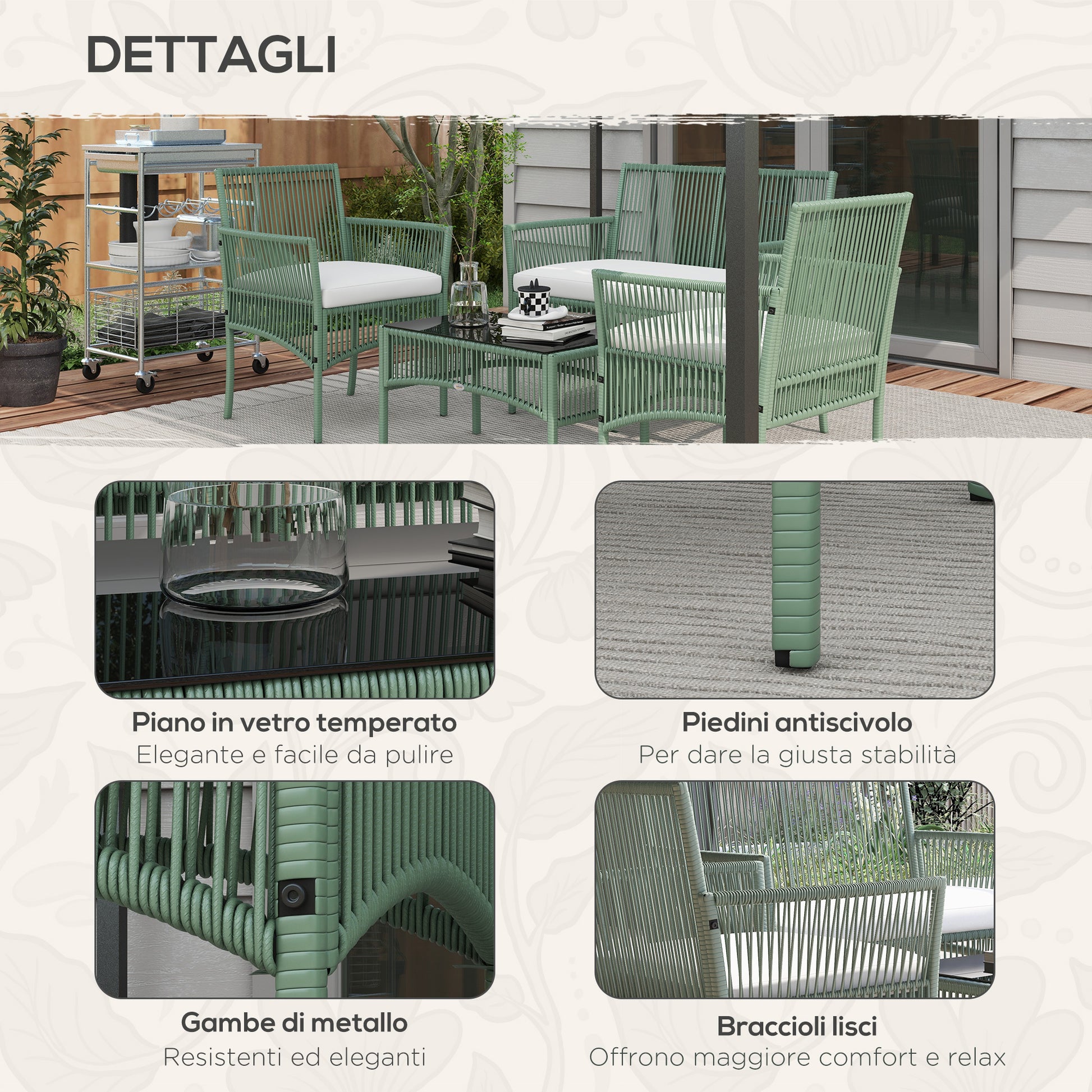 Outsunny Garden set in Rattan with 4 pieces with 2 armchairs, sofa and coffee table, green - Borgè