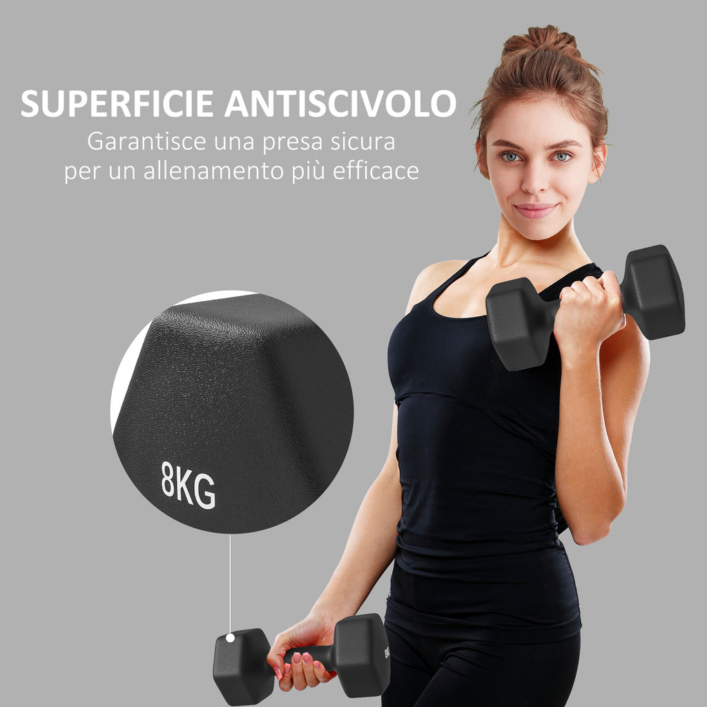 SPORTNOW Set of 2 Hexagonal Dumbbells weighing 2x8 kg in Metal and Plastic with Non-Slip Grip, 24x11x11 cm, Black