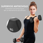 SPORTNOW Set of 2 Hexagonal Dumbbells weighing 2x8 kg in Metal and Plastic with Non-Slip Grip, 24x11x11 cm, Black