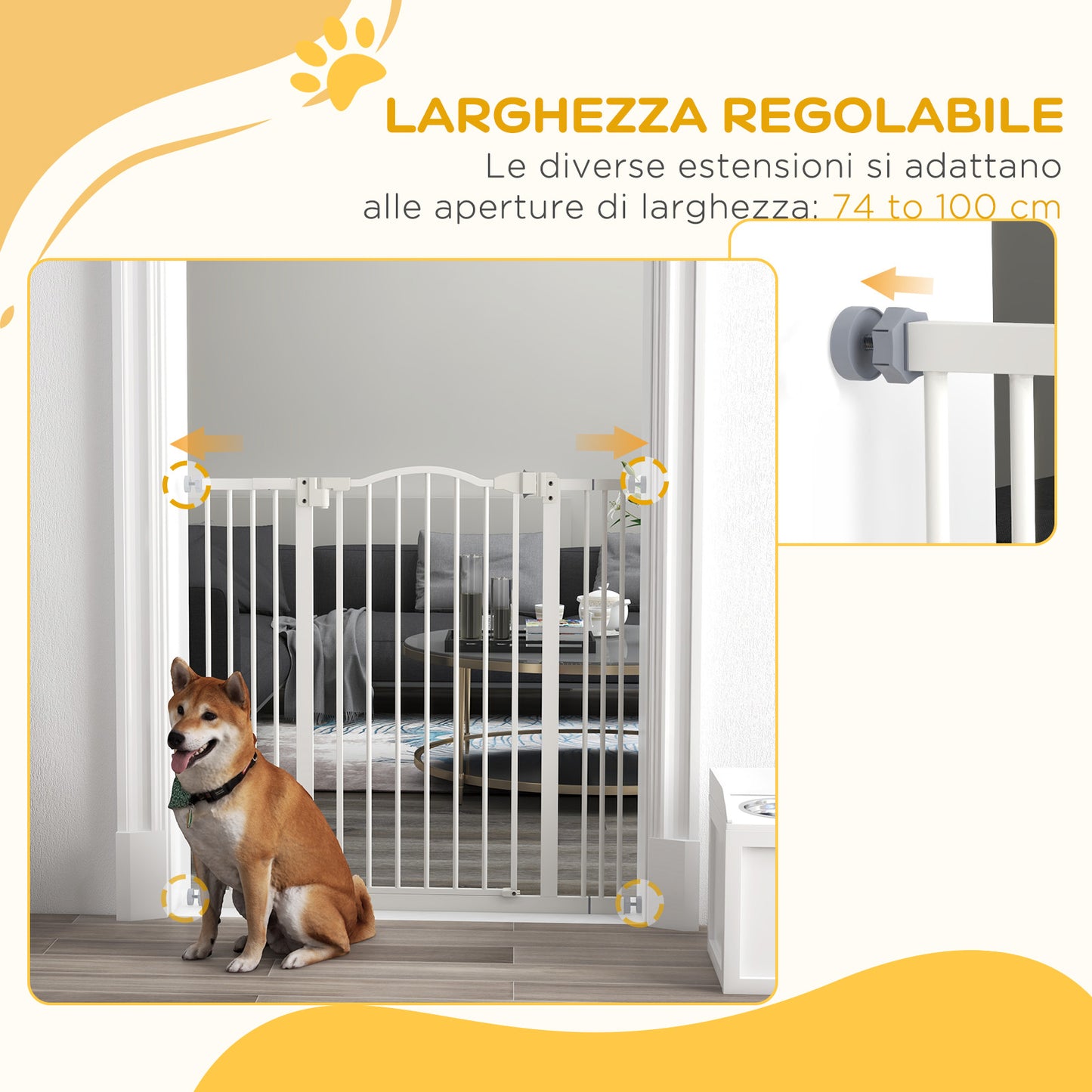 PawHut Extendable Dog Gate Without Screws Adjustable from 74-100 cm in Metal, White - Borgè