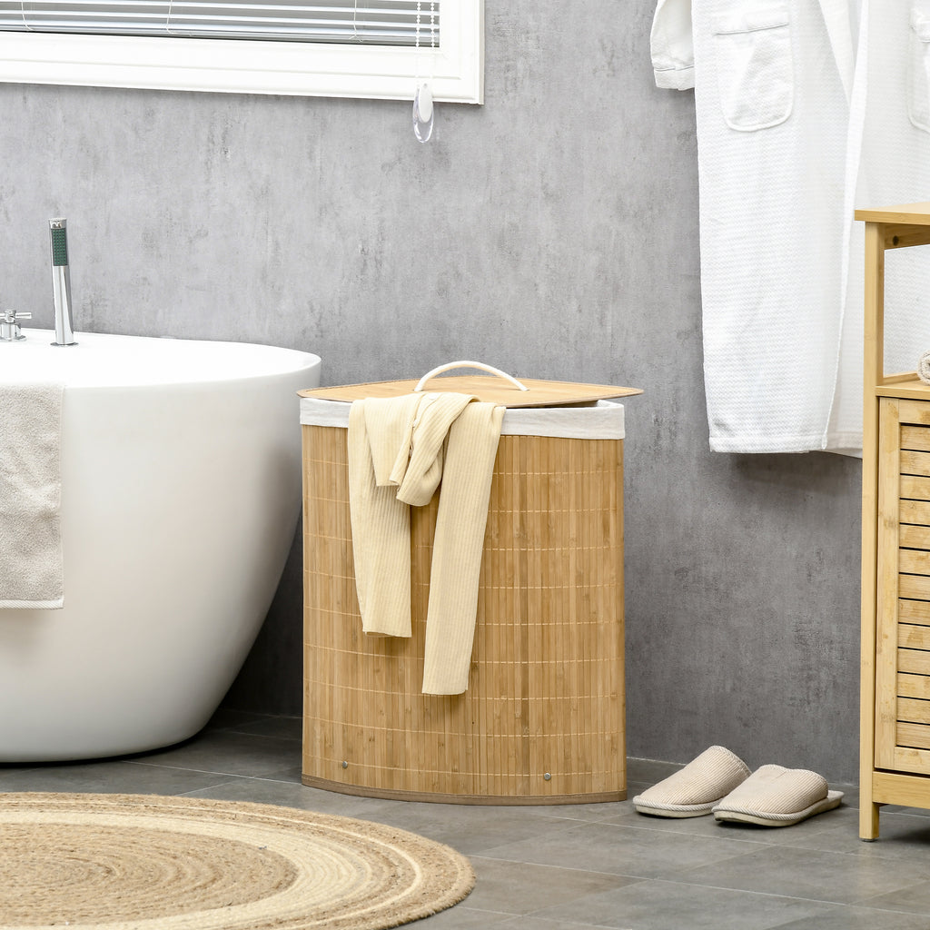 Laundry Basket with Triangular Lid in Bamboo and Fabric, 38x38x57cm, Wood Color - Borgè