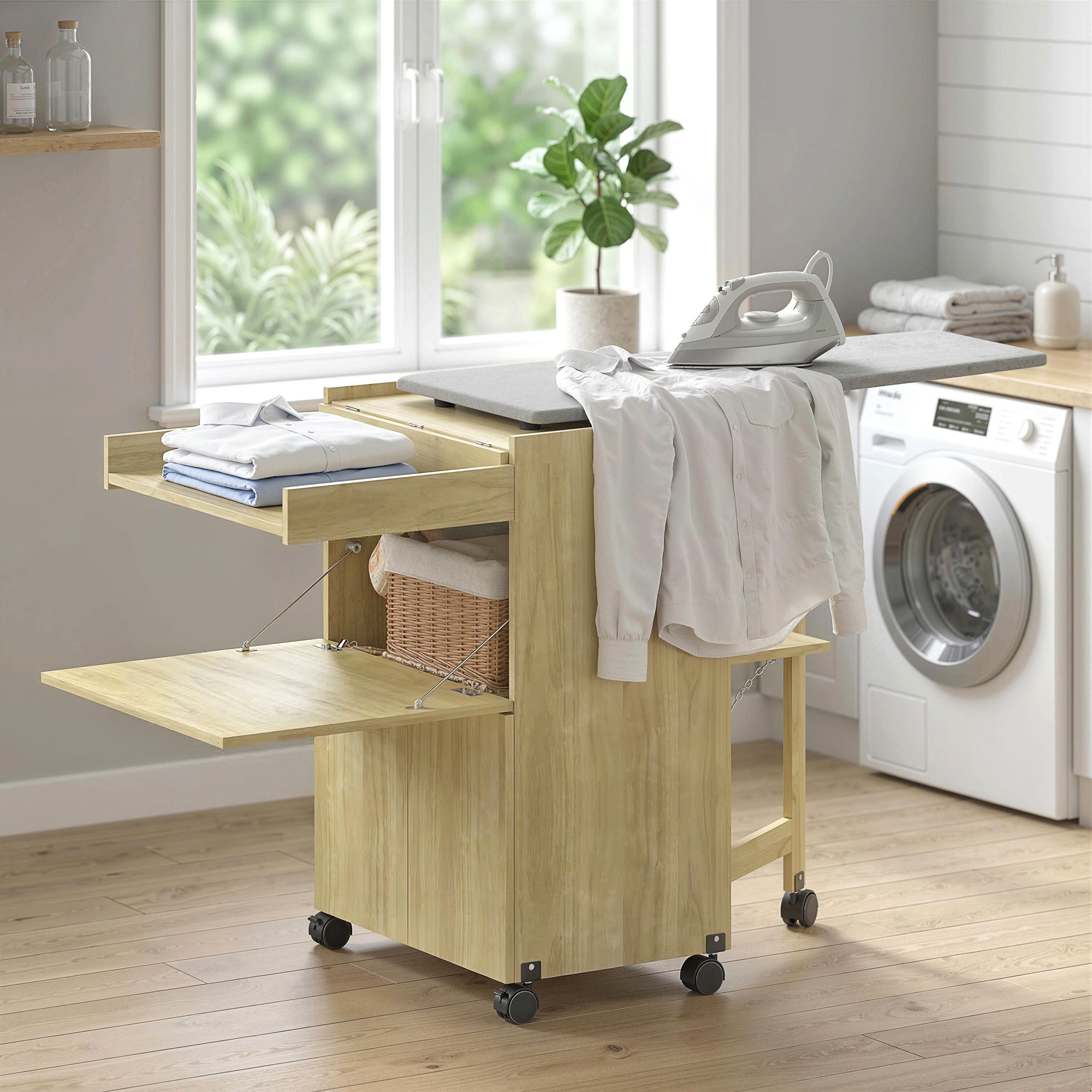 HOMCOM Folding Ironing Board with Iron and Garment Holder with Open Compartment, 154x55x87 cm, Natural Wood