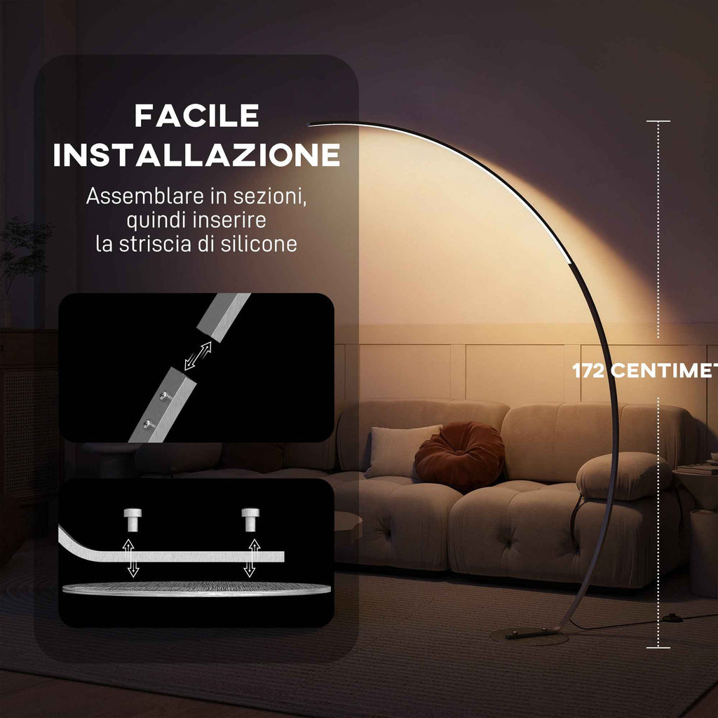 HOMCOM 172cm Tall LED Arc Floor Lamp with Remote Control and Dimmable Dimming, Silver