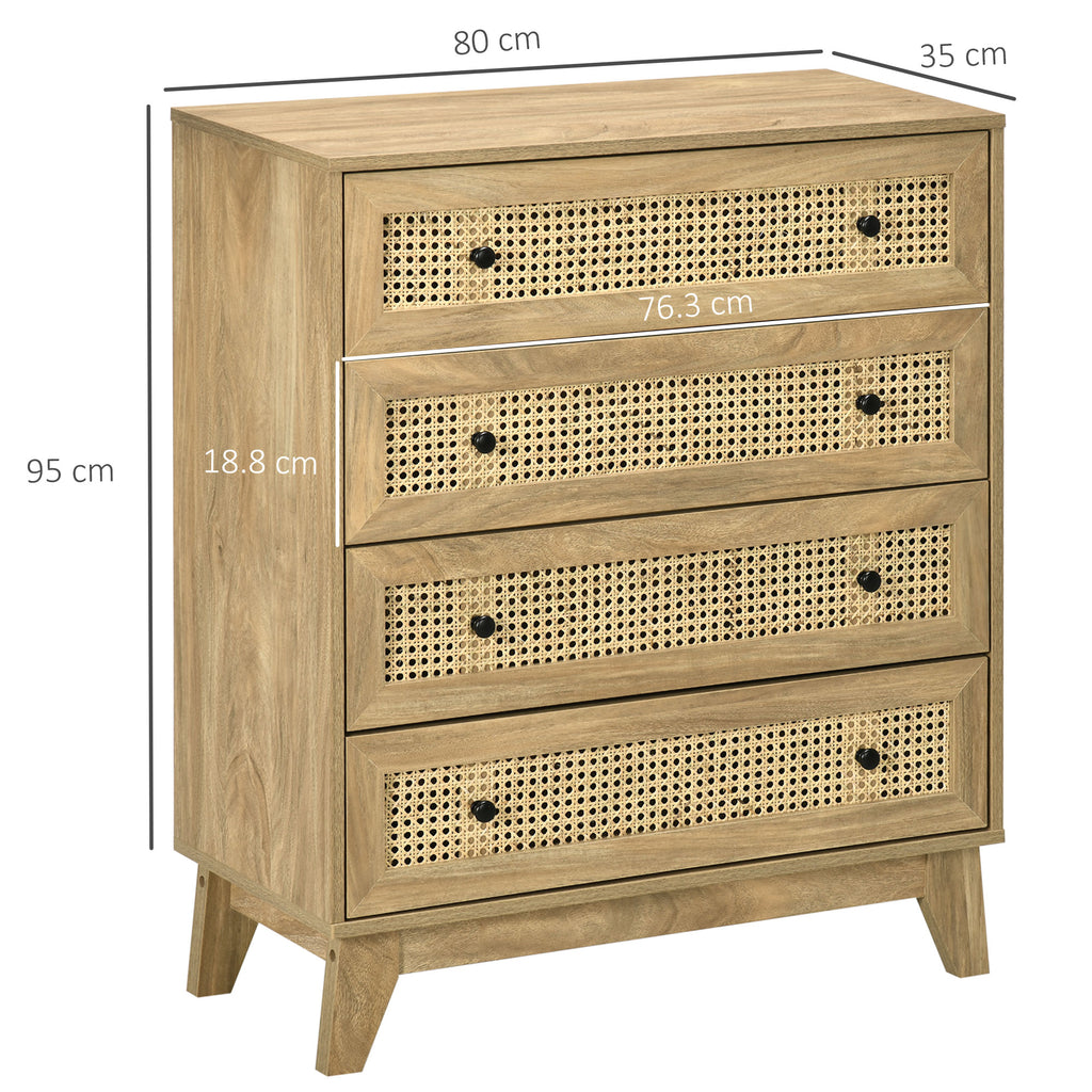 Chest of Drawers with 4 Drawers and Rattan Inserts, Boho Style, 80x35x95 cm, Natural Wood