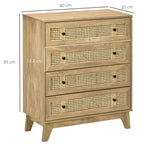 Chest of Drawers with 4 Drawers and Rattan Inserts, Boho Style, 80x35x95 cm, Natural Wood