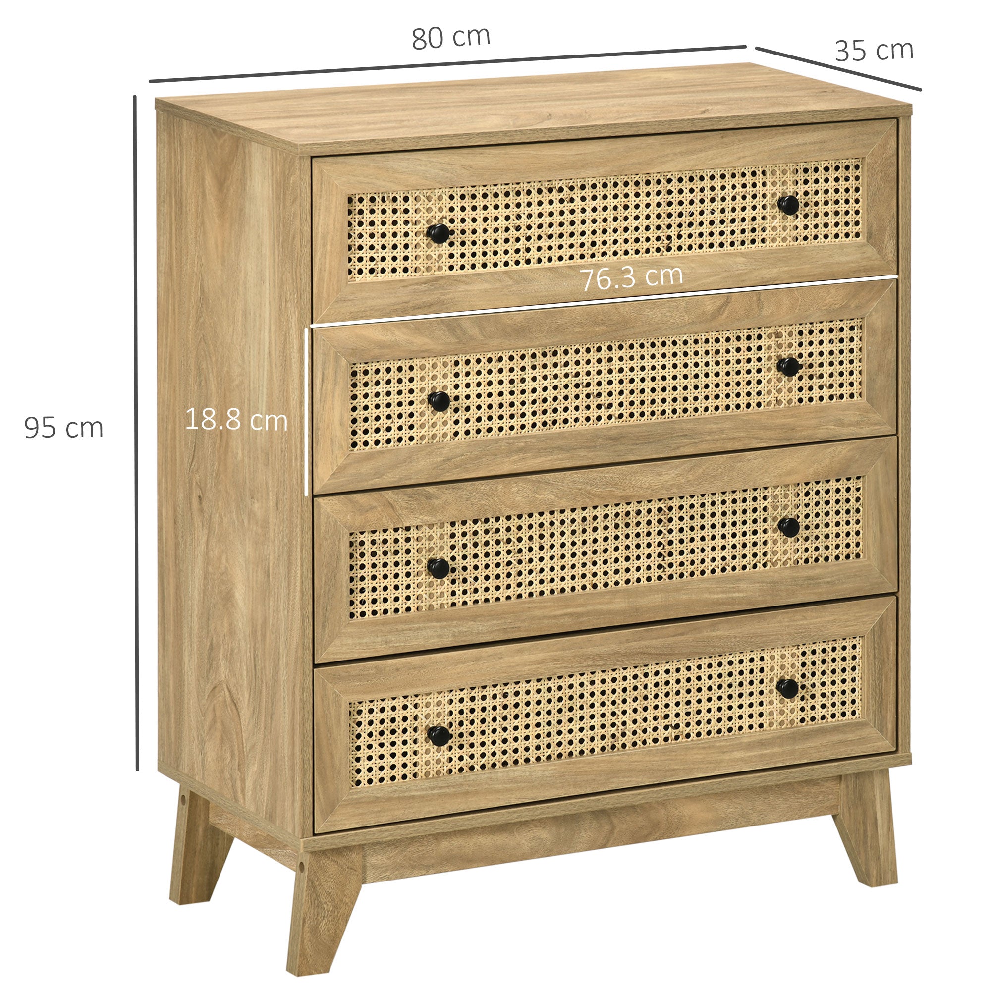 Chest of Drawers with 4 Drawers and Rattan Inserts, Boho Style, 80x35x95 cm, Natural Wood
