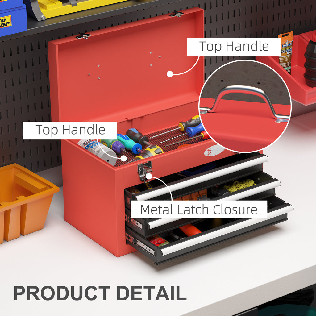 Tool Box with 3 Drawers and Upper Compartment in Steel with Handle, 45x24x27cm, Red