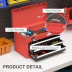 Tool Box with 3 Drawers and Upper Compartment in Steel with Handle, 45x24x27cm, Red