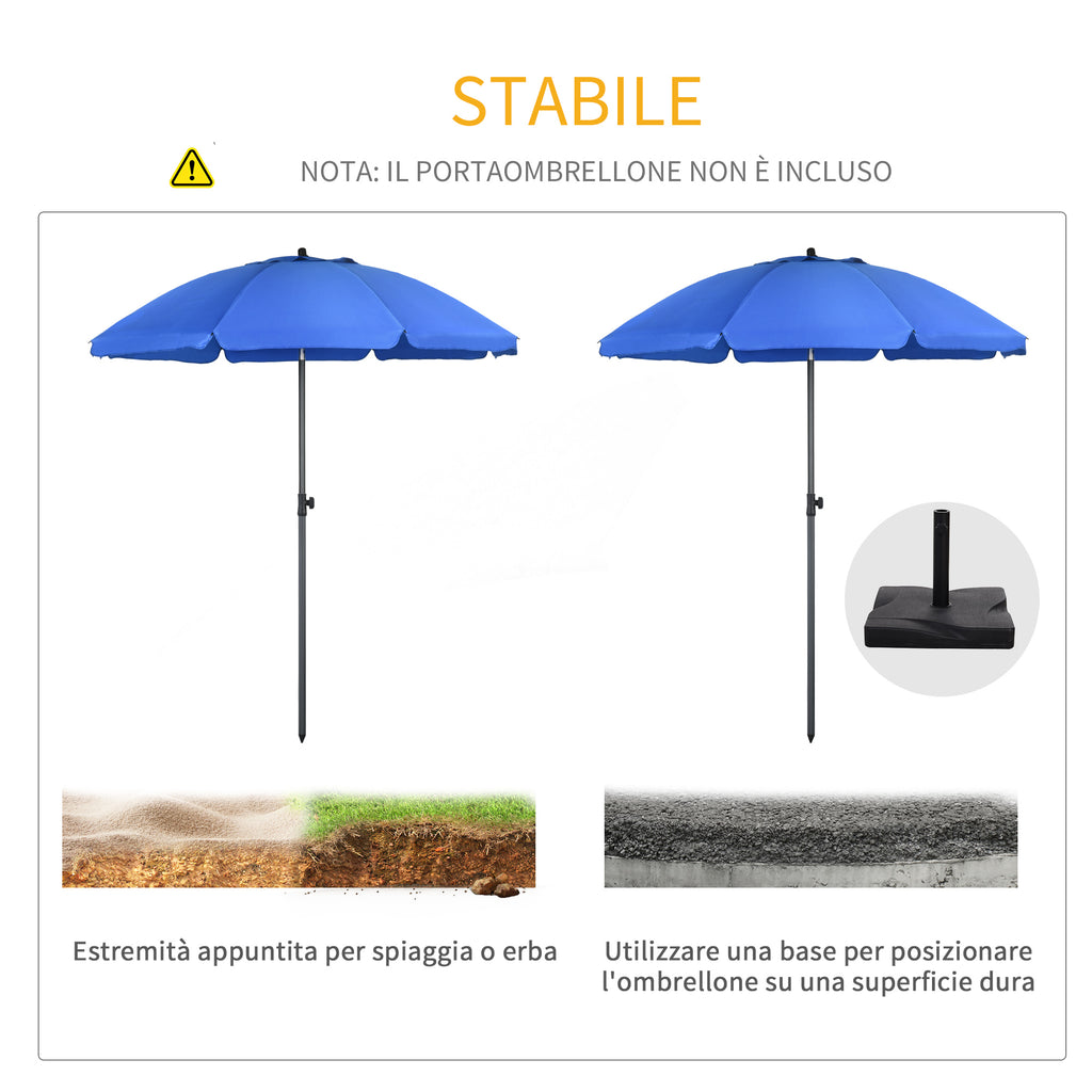 Beach Umbrella 1.8x2 m with 45° Reclining and 8 Ribs, Polyester and Steel, Blue