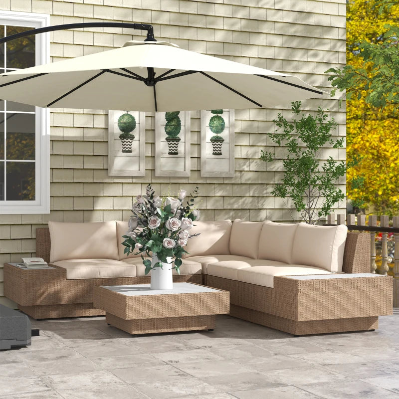 4-Piece Rattan Garden Set, Corner Sofa with Cushions and Coffee Tables, Black and Light Brown - Borge' Group Limited