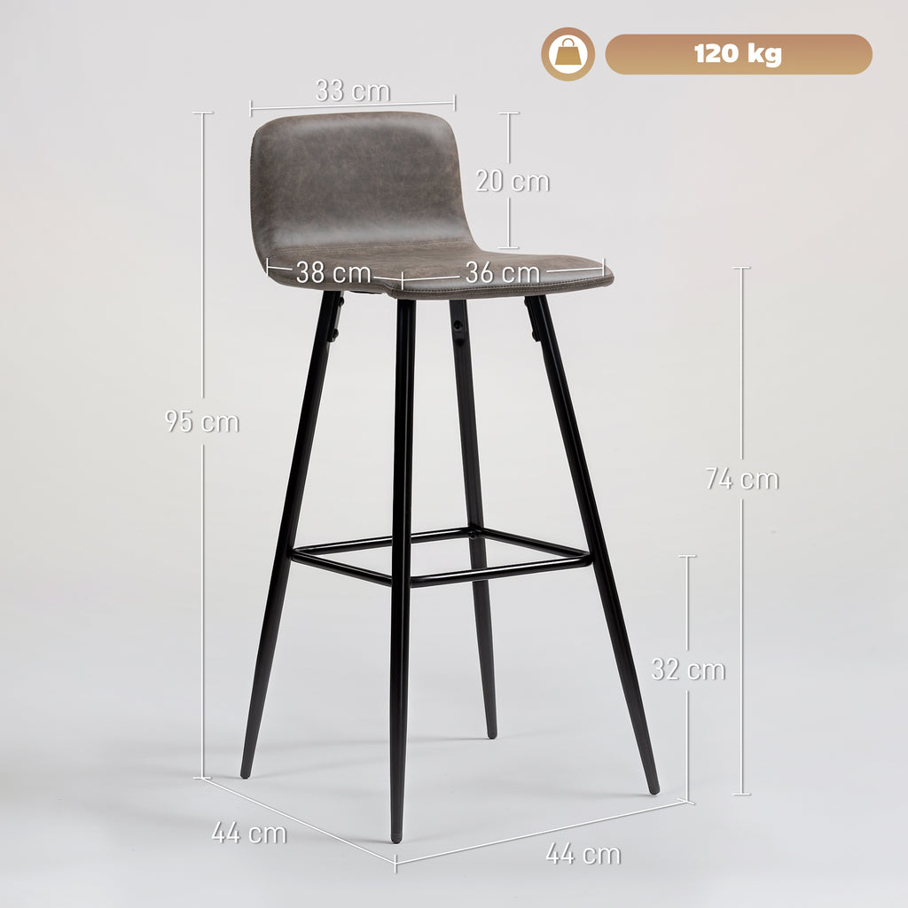Set of 2 Bar Stools with Low Backrest and Footrest, PU Upholstery and Steel Legs, Dark Brown