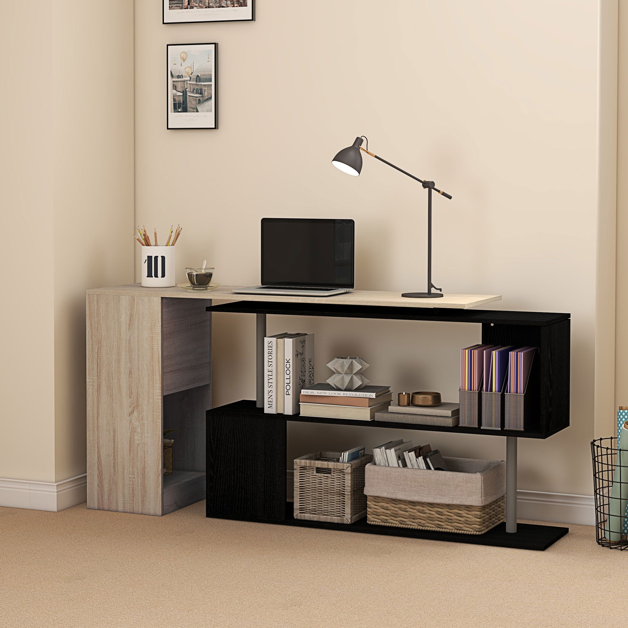 Space-Saving Corner Desk with S-Shaped Shelf, Wooden, 140x120x78 cm, Wood Color