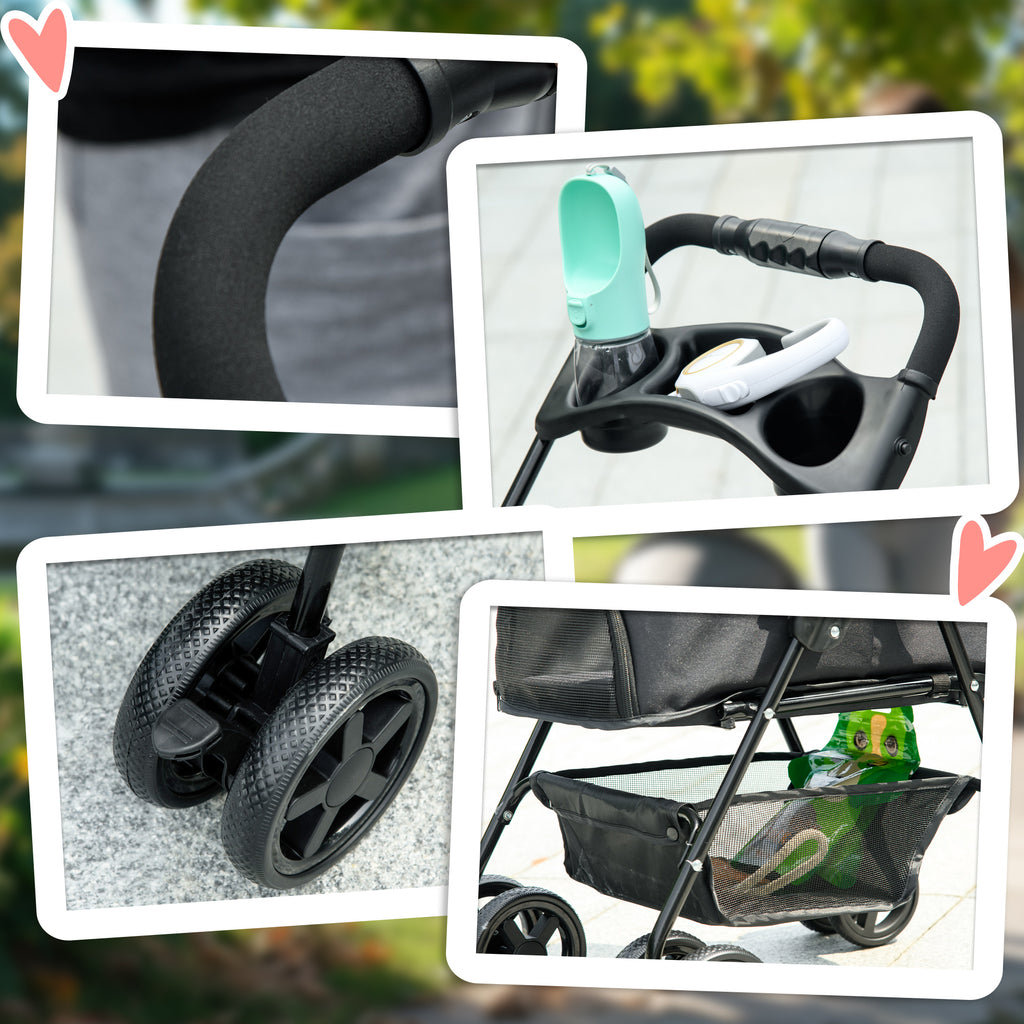 Foldable Dog Stroller with Safety Leash and Basket, Black