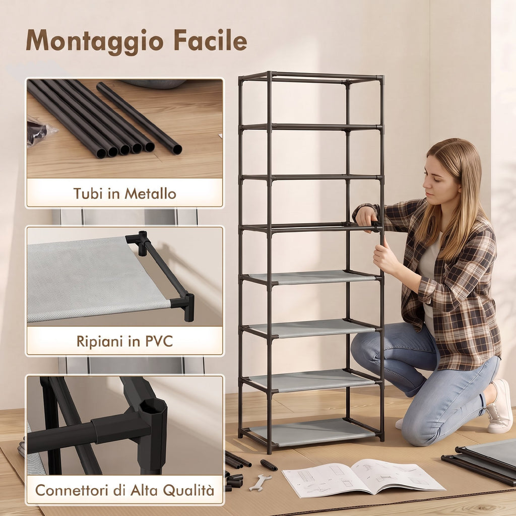 HOMCOM 7-Tier Steel Shoe Rack with TNT Cover, 60 x 30 x 126 cm, Grey