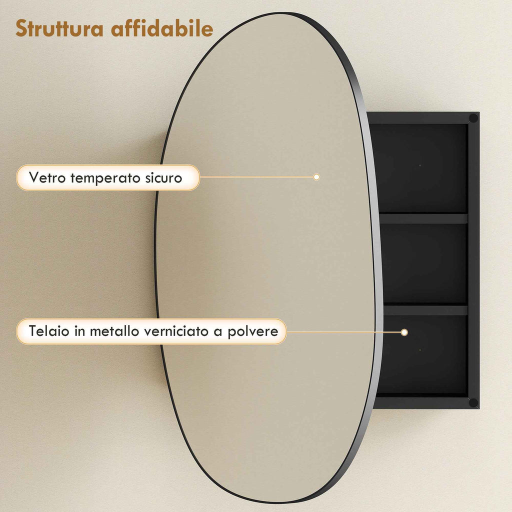 Bathroom Mirror Cabinet with 3 Internal Shelves, in Aluminum and Metal, 61x12x79 cm, Black