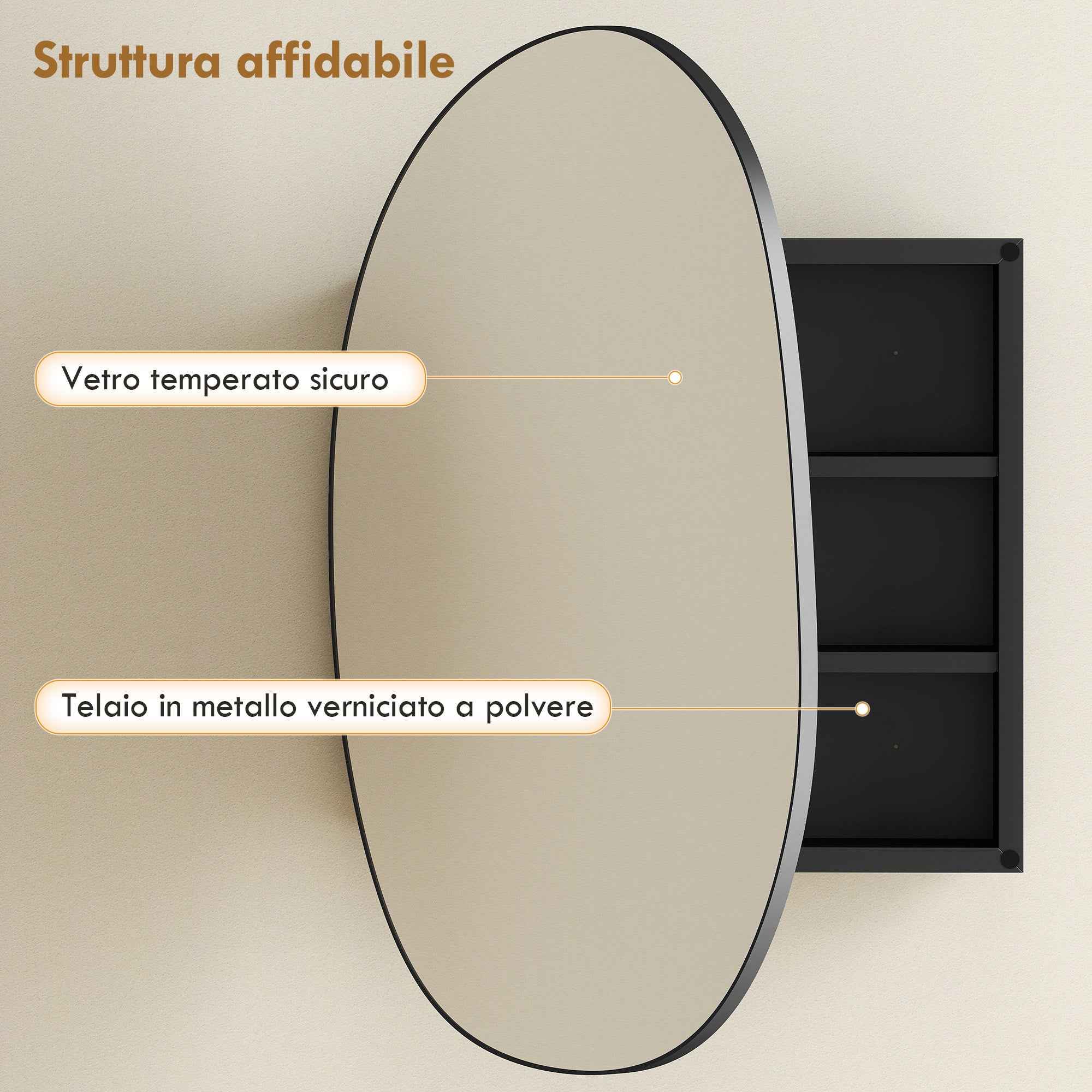 Bathroom Mirror Cabinet with 3 Internal Shelves, in Aluminum and Metal, 61x12x79 cm, Black