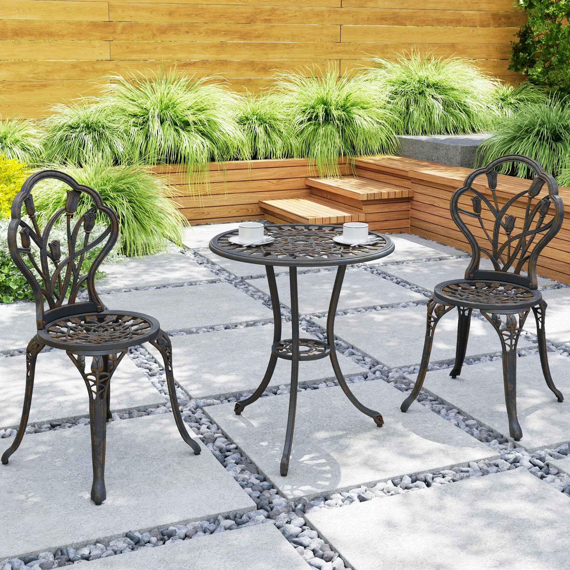 Outsunny 3-Piece Outdoor Set with 2 Garden Chairs and Round Table with Umbrella Hole, Bronze