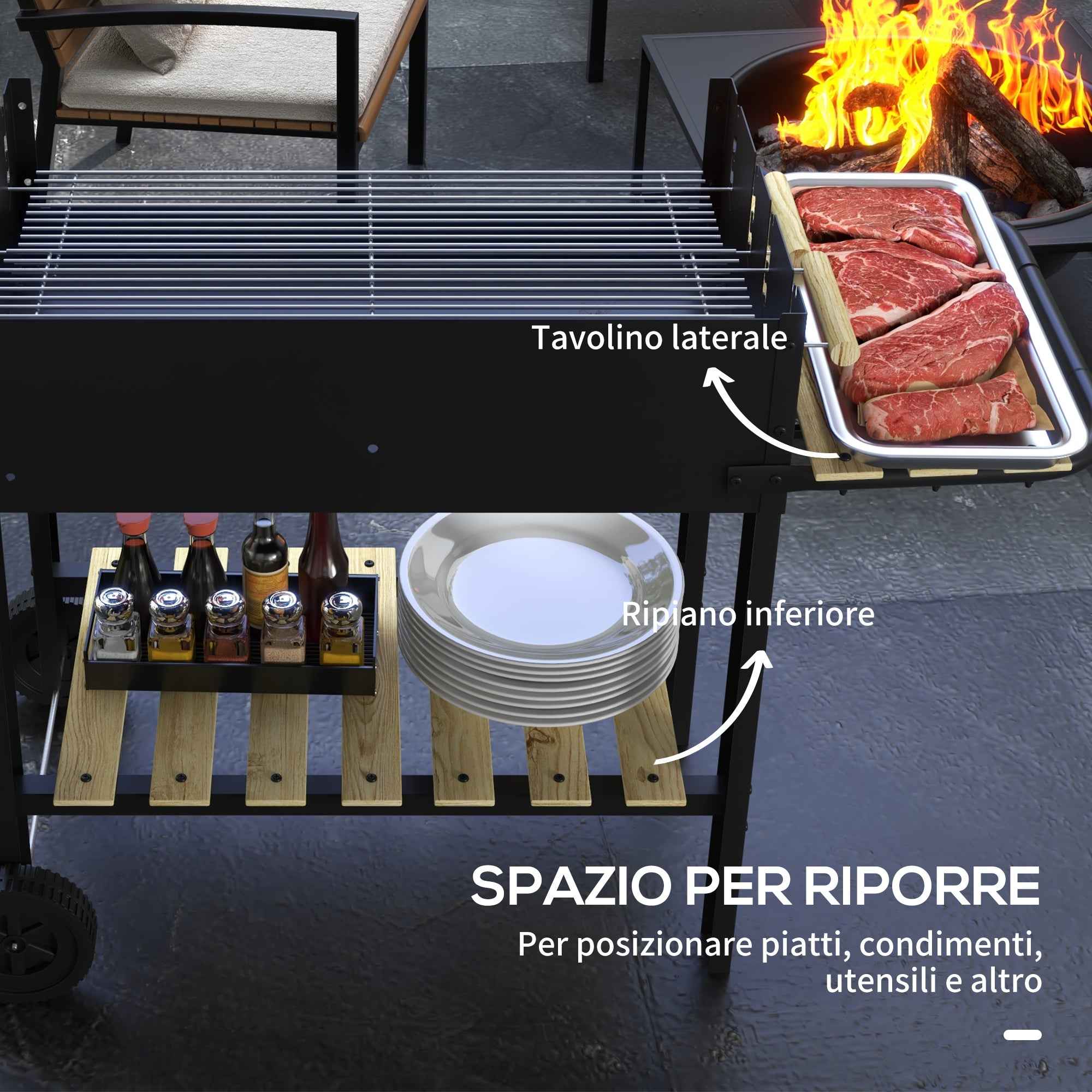 Outsunny Adjustable Height Charcoal Barbecue with 2 Grills and 2 Shelves, Metal and Wood, 113x53.5x82.5 cm, Black