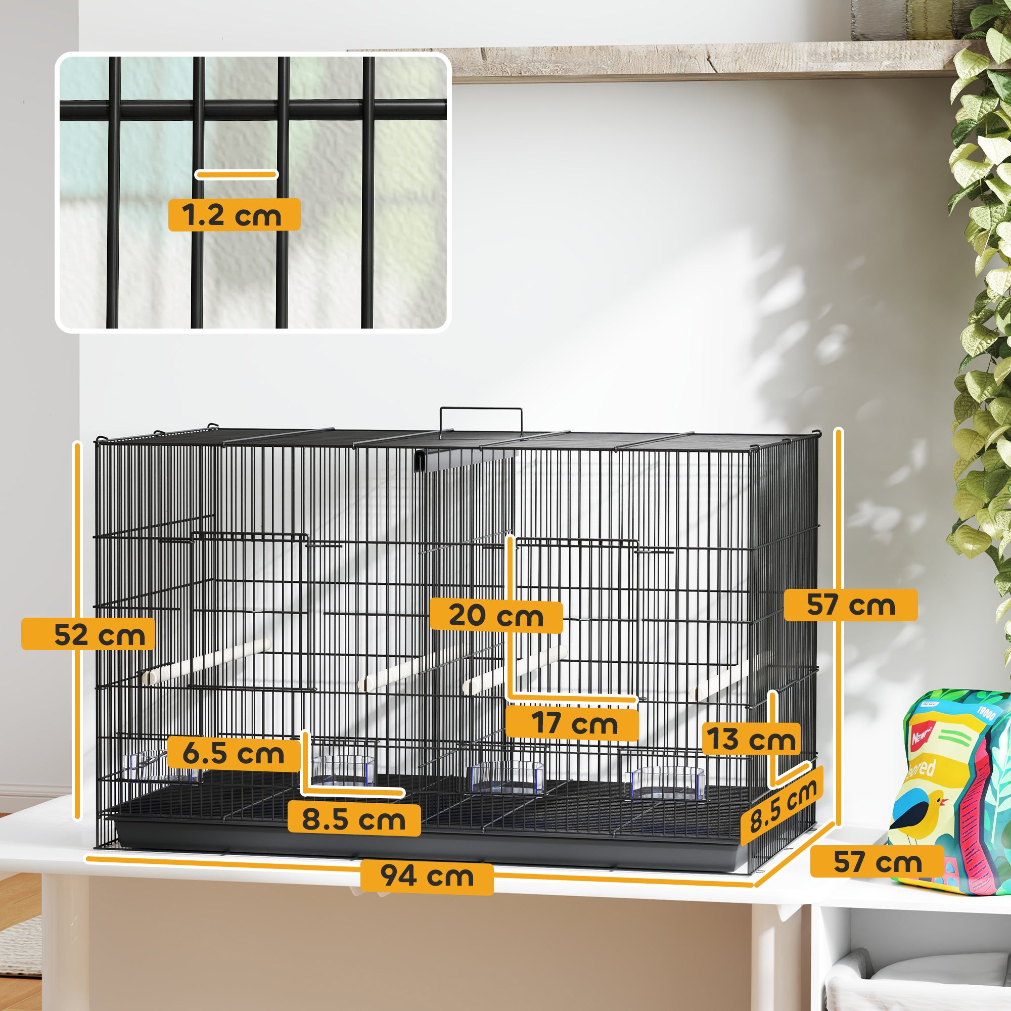 Bird Cage with Divider and Lower Storage Shelf, in Steel and PP, 94x57x57 cm, Black