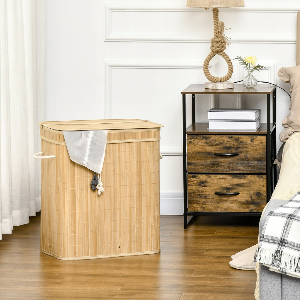 90L Foldable Laundry Basket with 2 Compartments, Bamboo Lid and Handles