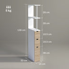 Space-saving bathroom column cabinet with cabinet, shelves and drawers, 15x33x136 cm, wood color