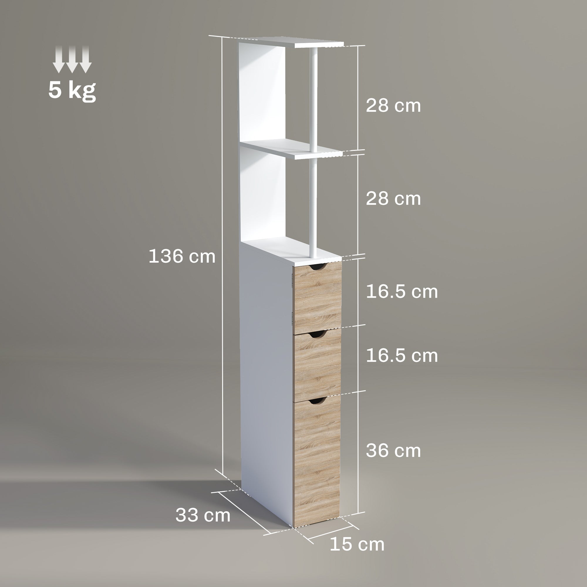 Space-saving bathroom column cabinet with cabinet, shelves and drawers, 15x33x136 cm, wood color