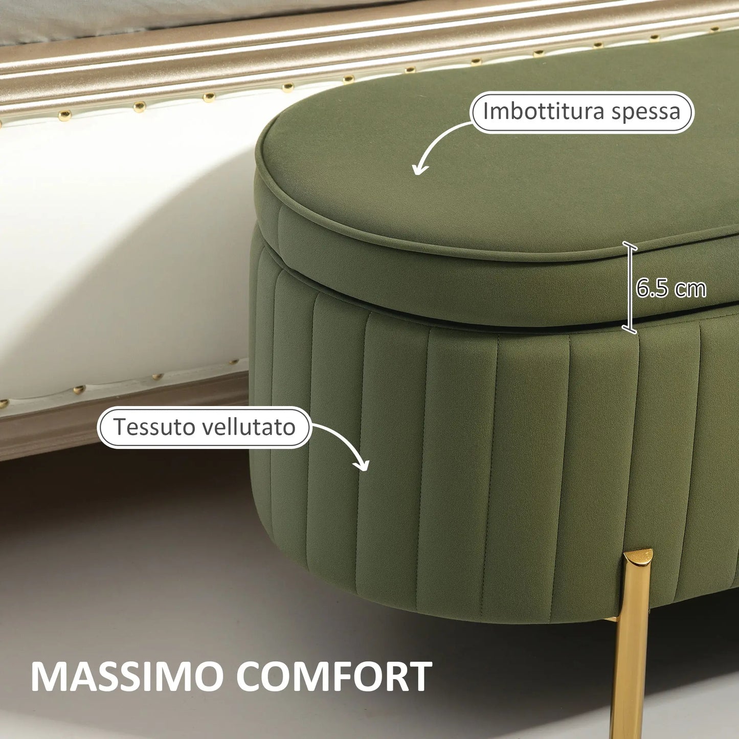 Oval Storage Bench 72L with Lift-Up Lid, Velvet and Wood Effect Fabric, 108x44x43.5 cm, Green