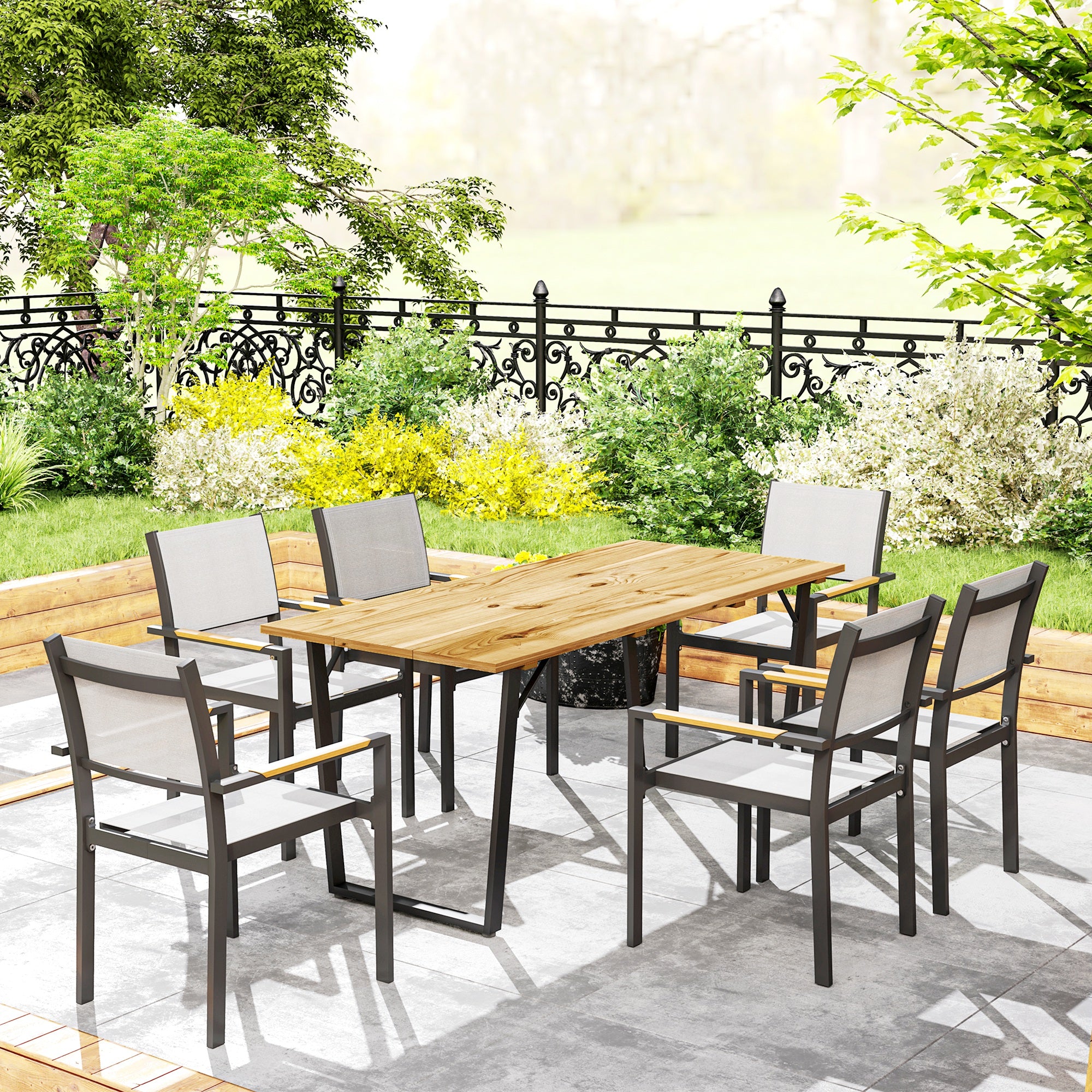 6 Seater Rectangular Garden Table with Umbrella Hole, Wood and Steel, 175x80x75 cm, Brown