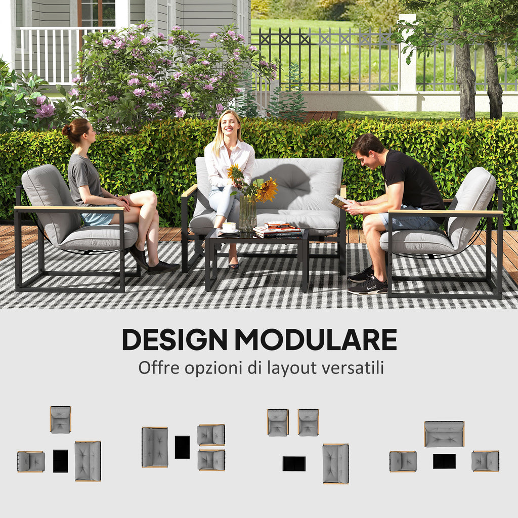 4 Piece Garden Set with 2 Chairs, 2 Seater Sofa and Coffee Table, Steel and Polyester, Light Grey and Black