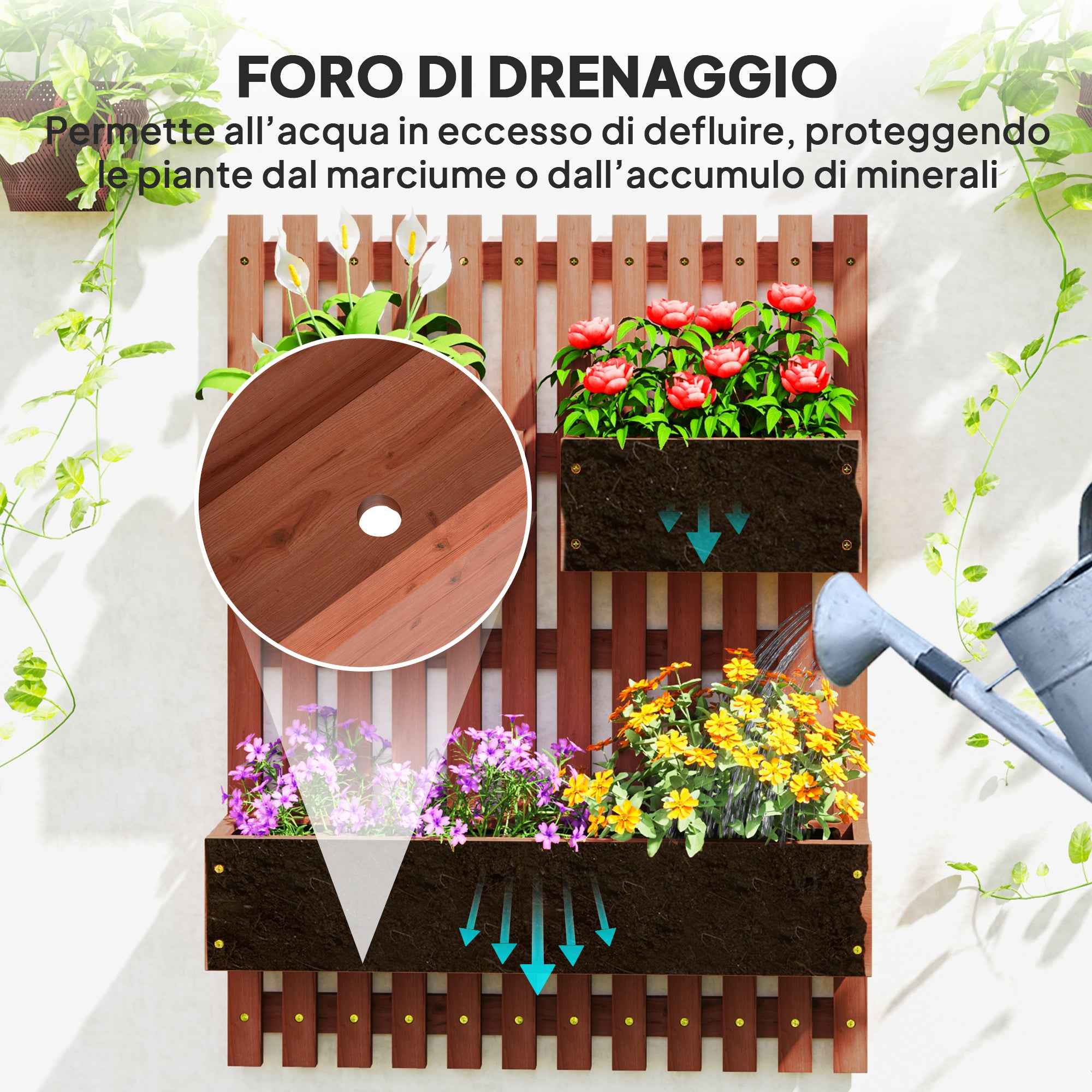 Outsunny Vertical Slatted Planter with 3 Removable Pots, in Fir Wood, 60x16x80 cm, Brown