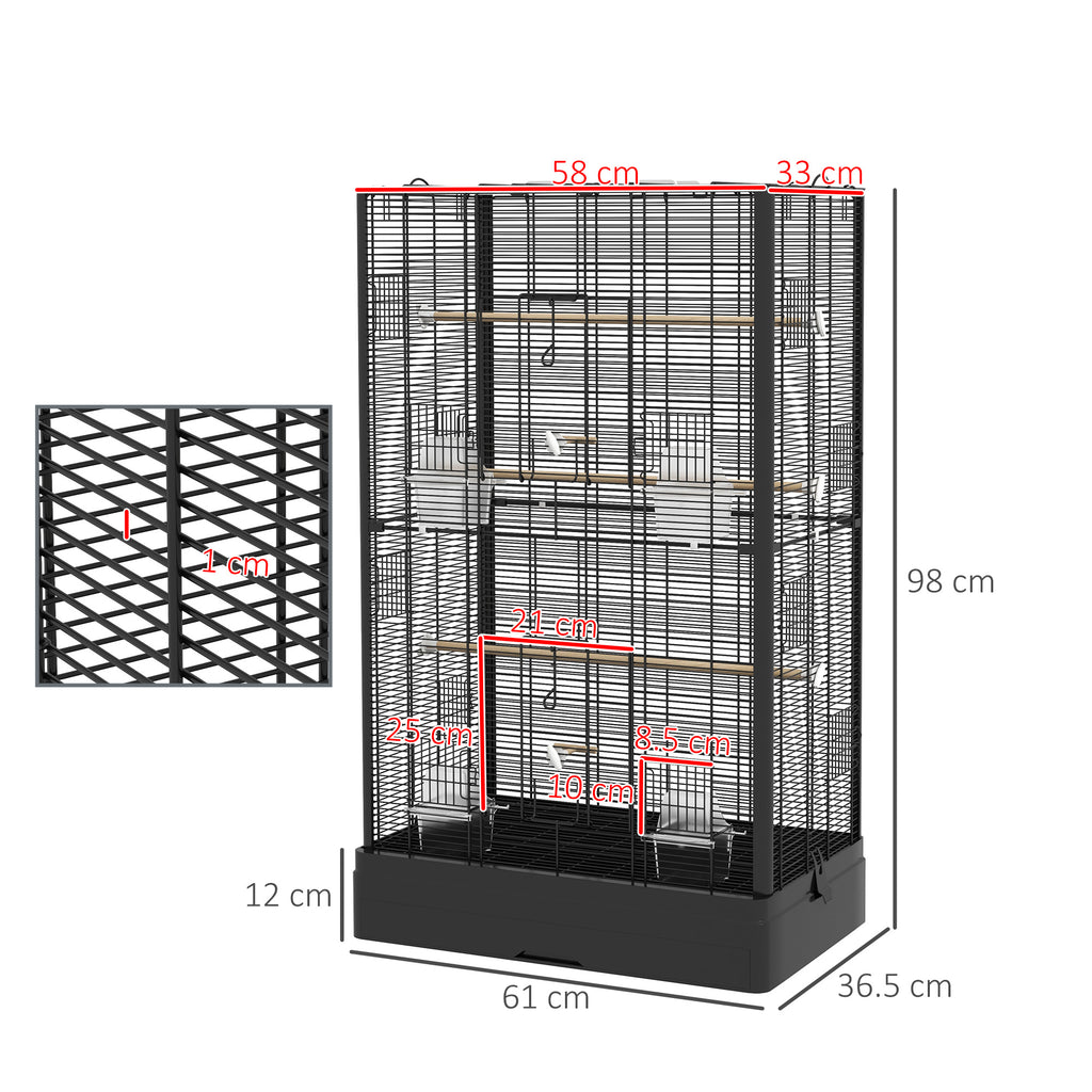 Bird Cage with Removable Tray and Perches, Parrot Aviary, 61x36.5x98cm, Black