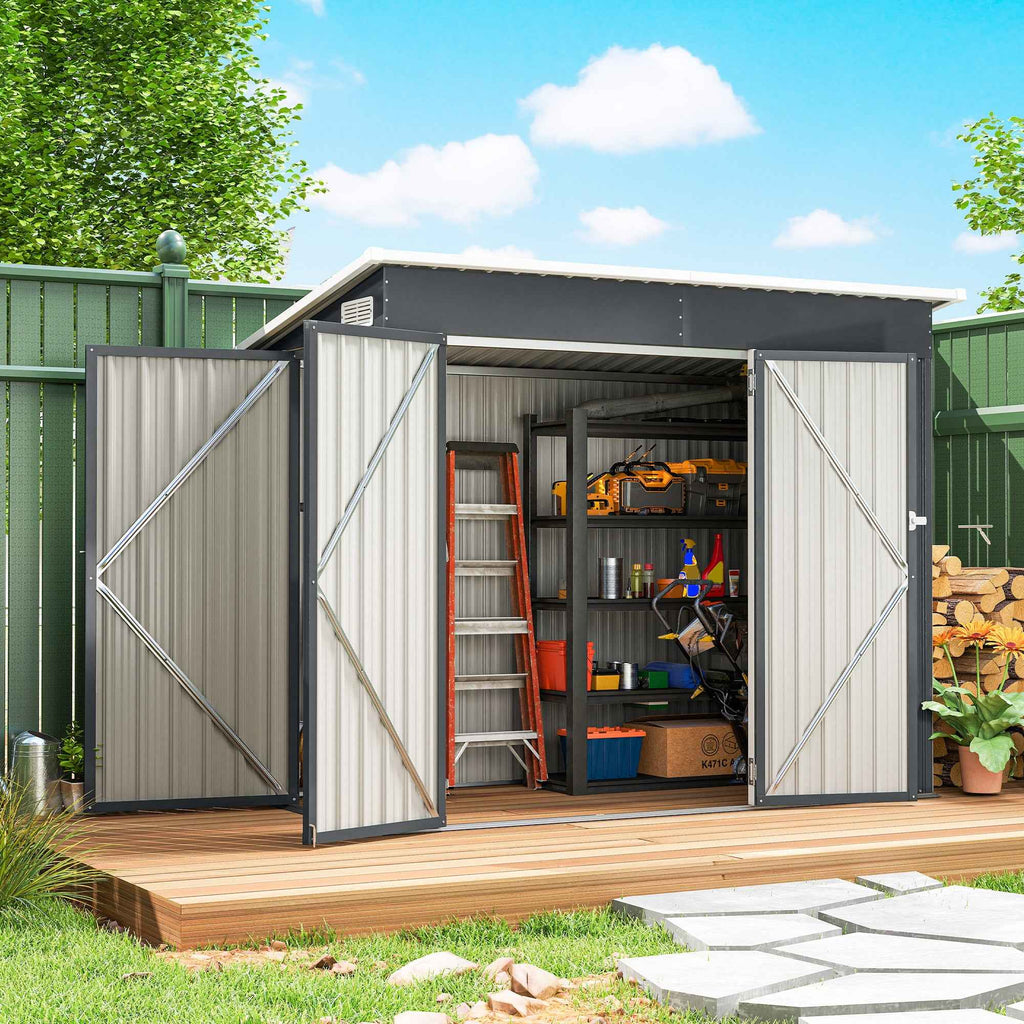 Outsunny Steel Garden Shed with 3 Lockable Doors, 234x132x185 cm, Dark Grey