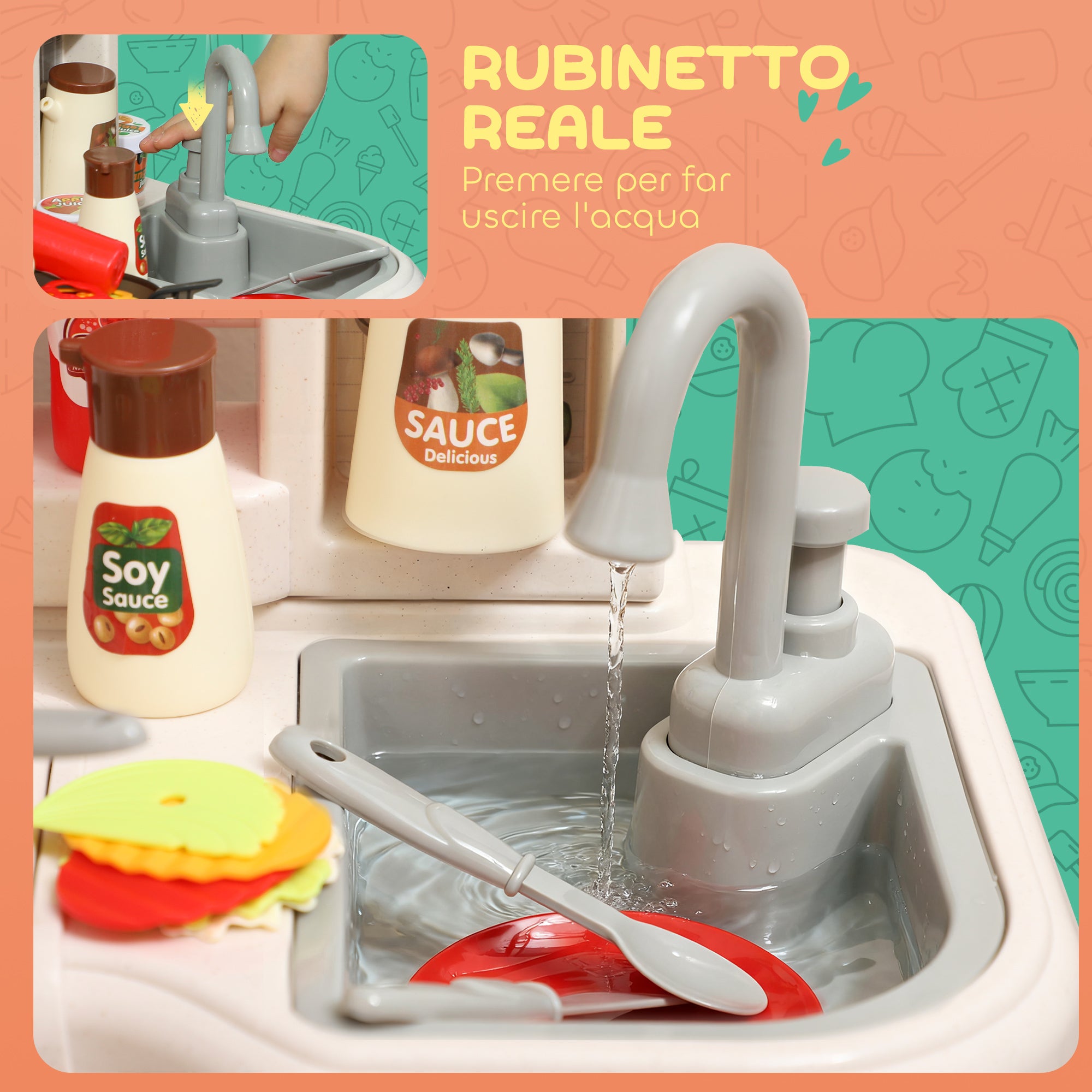 Toy Kitchen for Children 3-6 Years with 92 Accessories, in PP, PE and ABS, 44.5x24x79 cm, Green