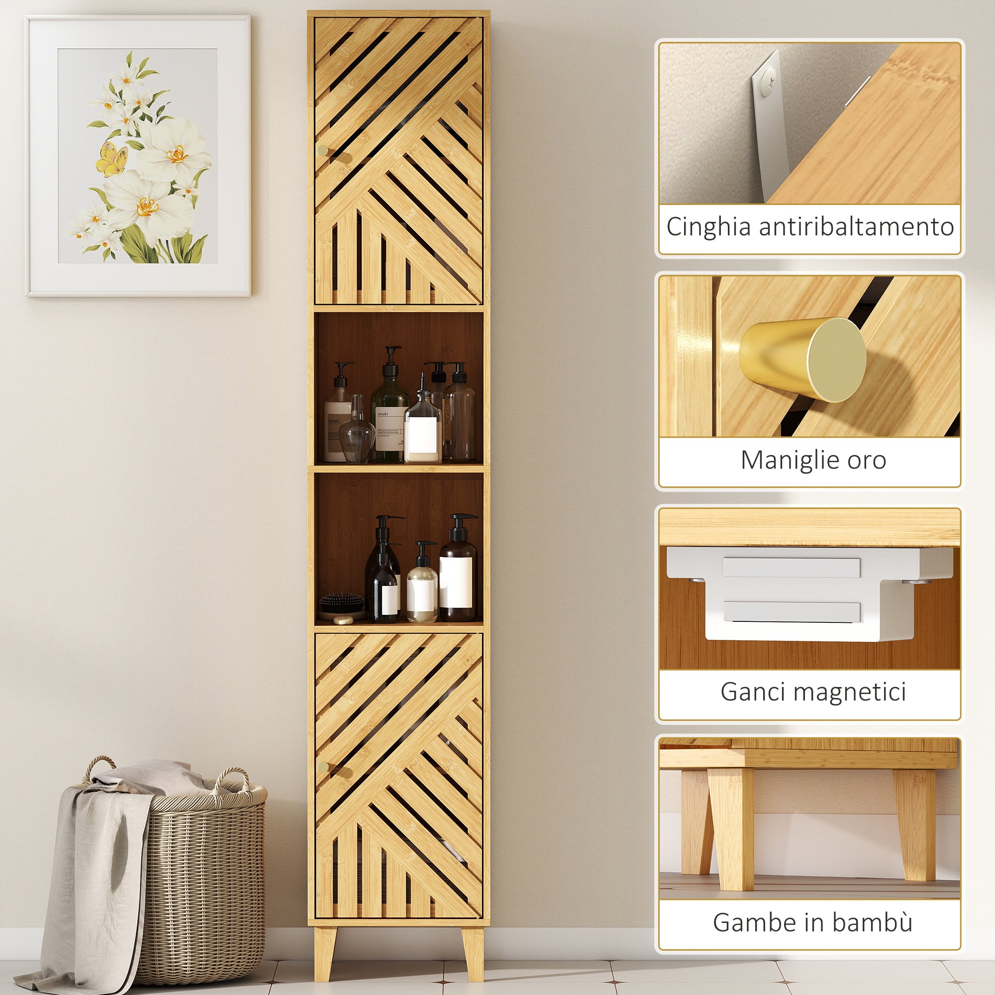 Bathroom Cabinet with 2 Cabinets and 2 Shelves with Adjustable Shelf, in Bamboo and Chipboard, 32x30x170 cm