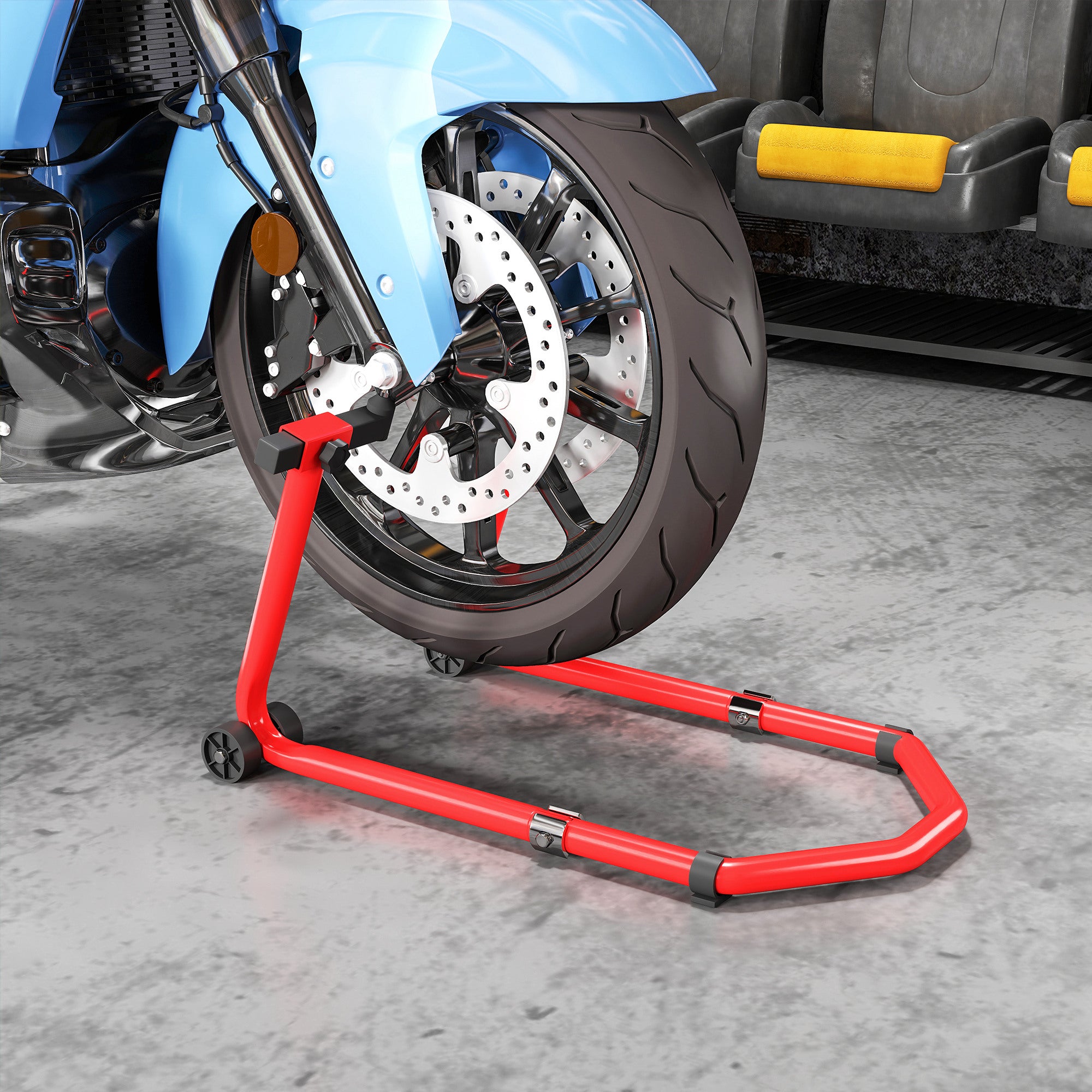 Motorcycle Front and Rear Stand with 390 kg Capacity, U and L Forks, Non-Slip Wheels and Pads, Red